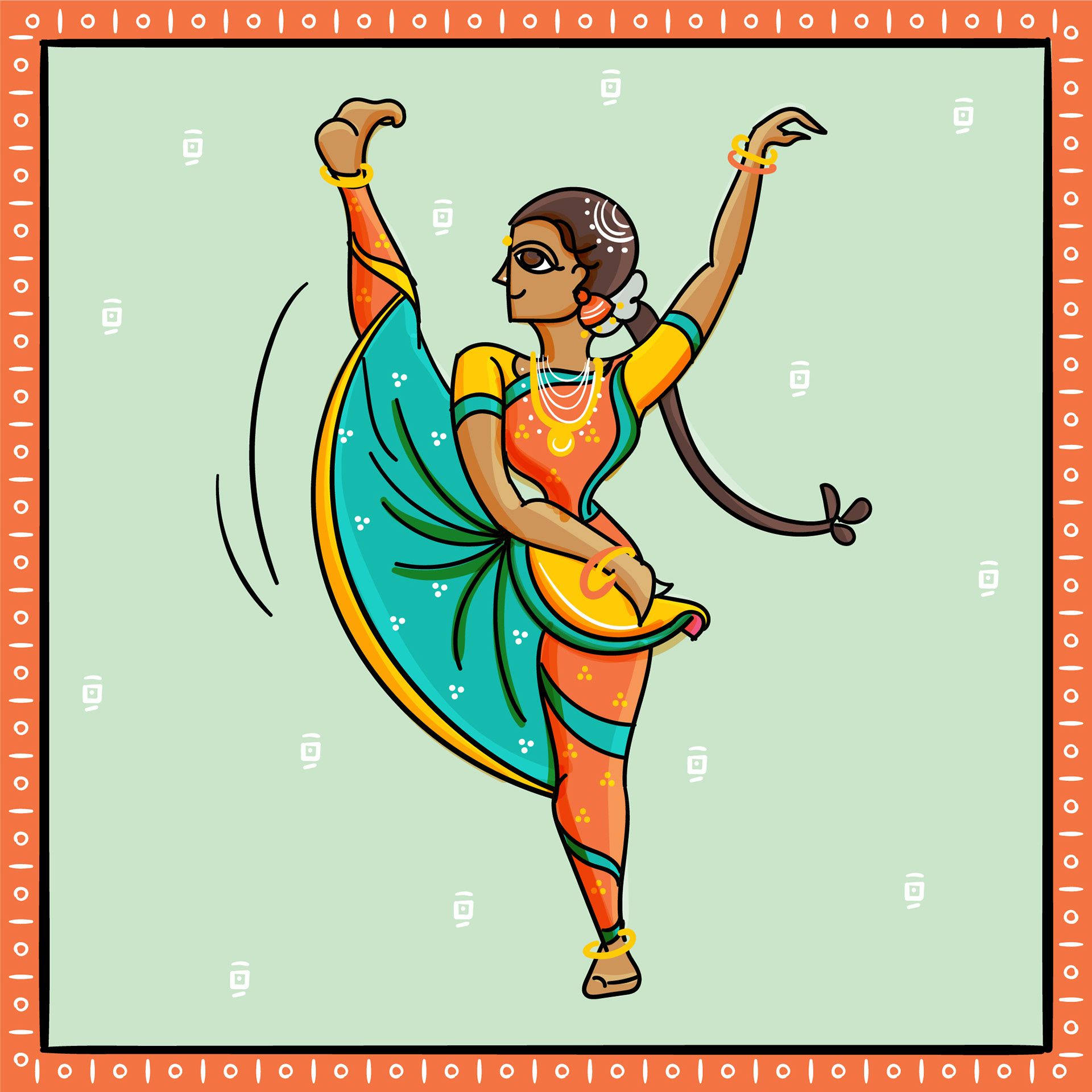 Bengal Pattachitra dancers: #8 Classical Indian dancer on a mint green background