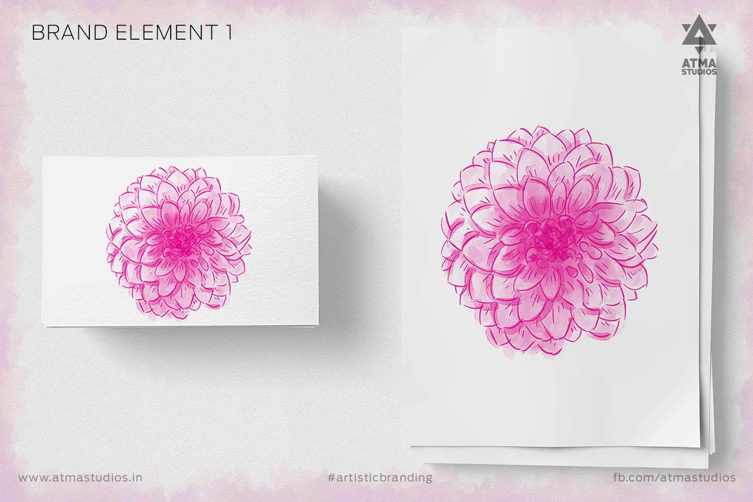 Vilvaa online garland store brand: brand element 1, a pink dahlia flower illustration on cards