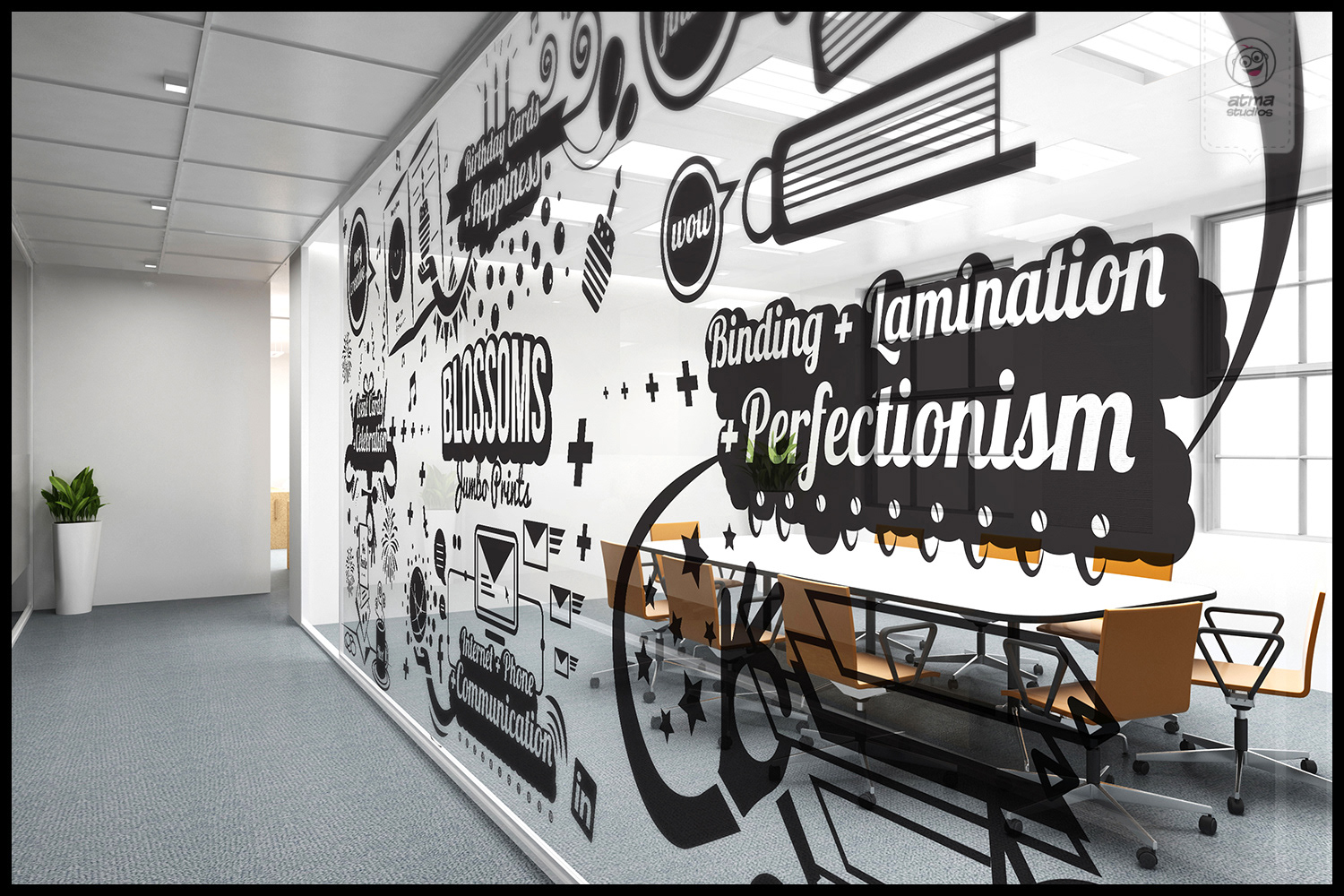 Bangalore office space interior brand illustrations: meeting room wall with Inspiration and Perfectionism lettering