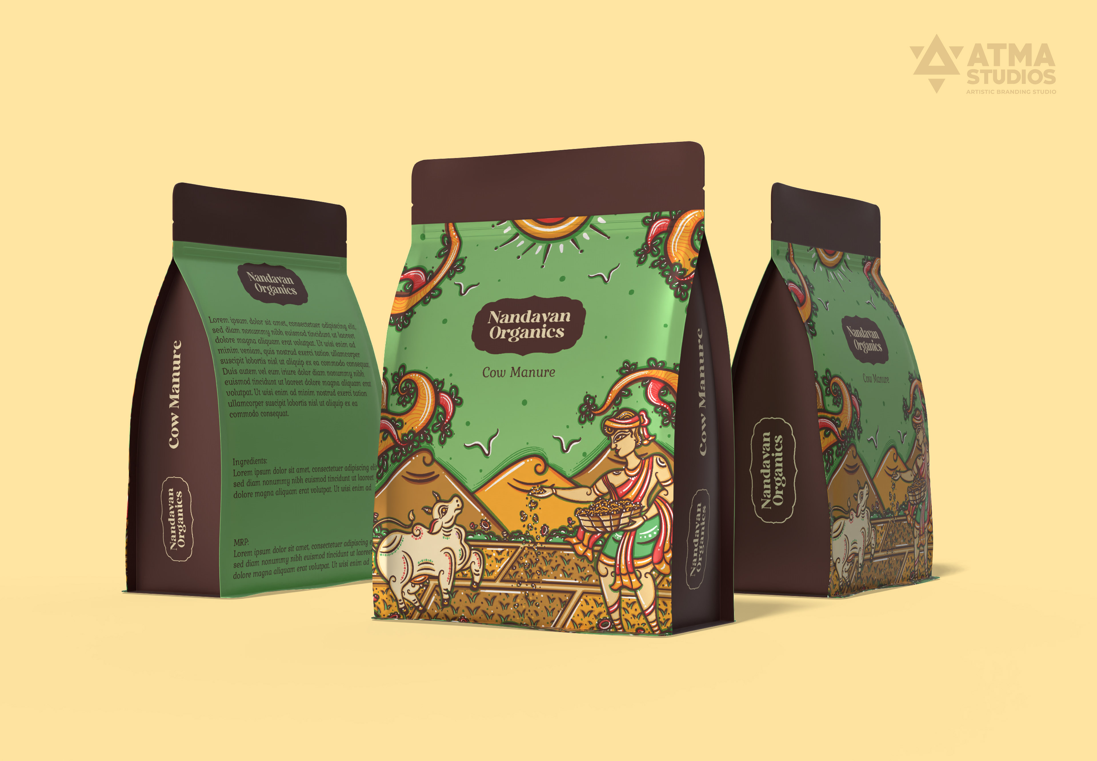 Nandavan Organics package illustrations in neo Bengal folk art: stand-up pouches with folk art illustration