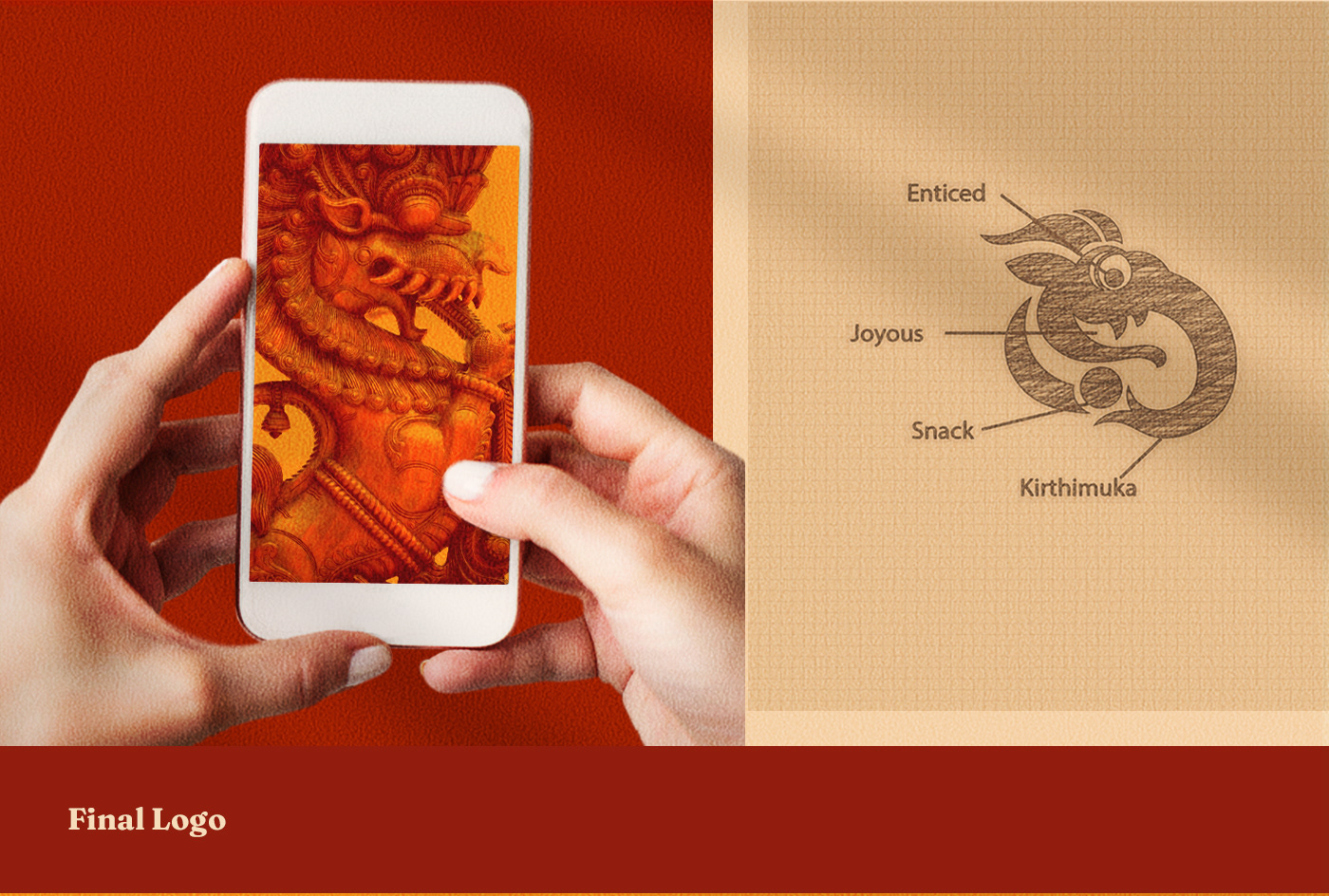 Snactale heritage snack bistro brand: final logo anatomy shown beside a phone photo of a temple carving