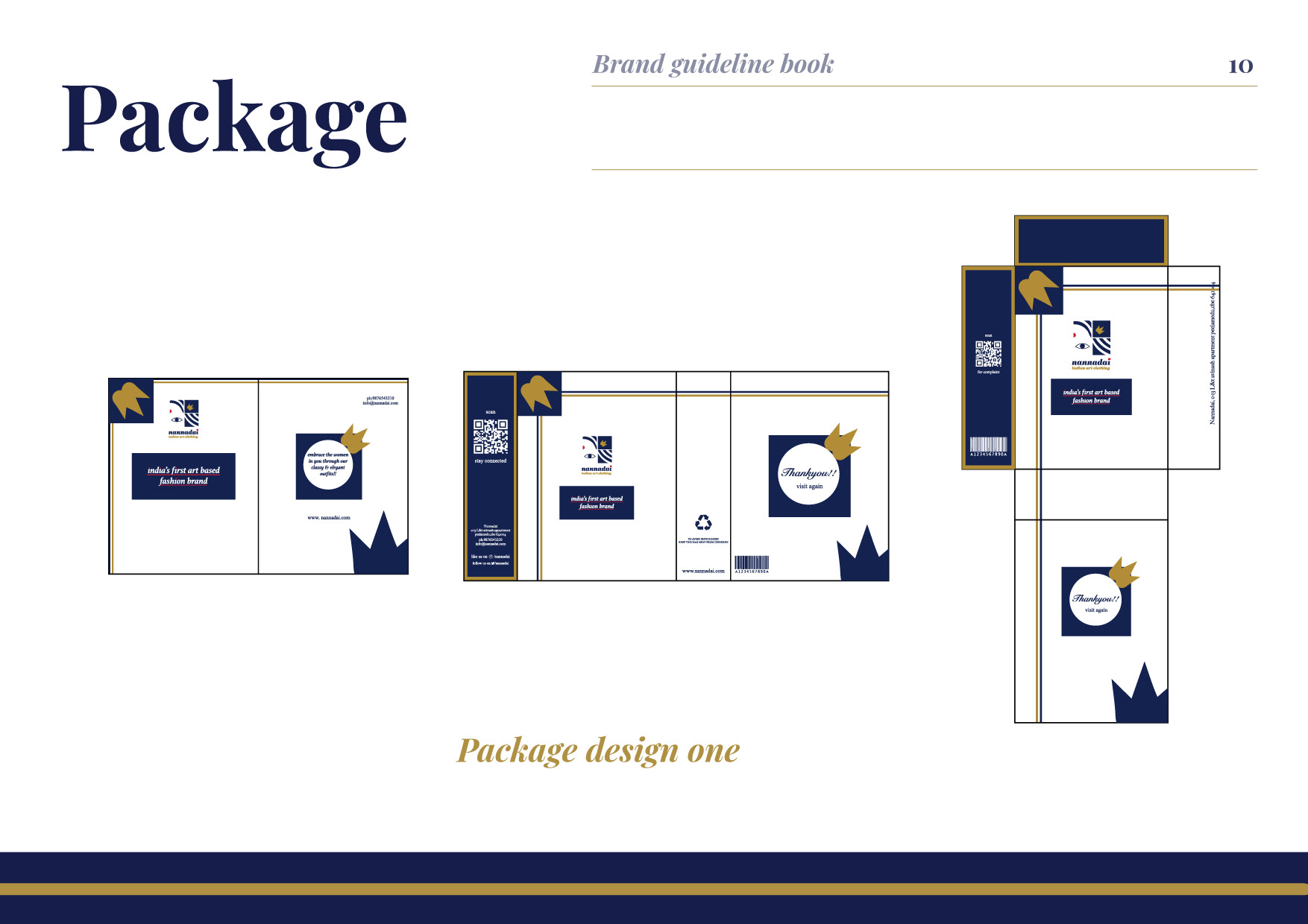 Nannadai Indian art clothing brand guideline book: package design one with boxes and tags