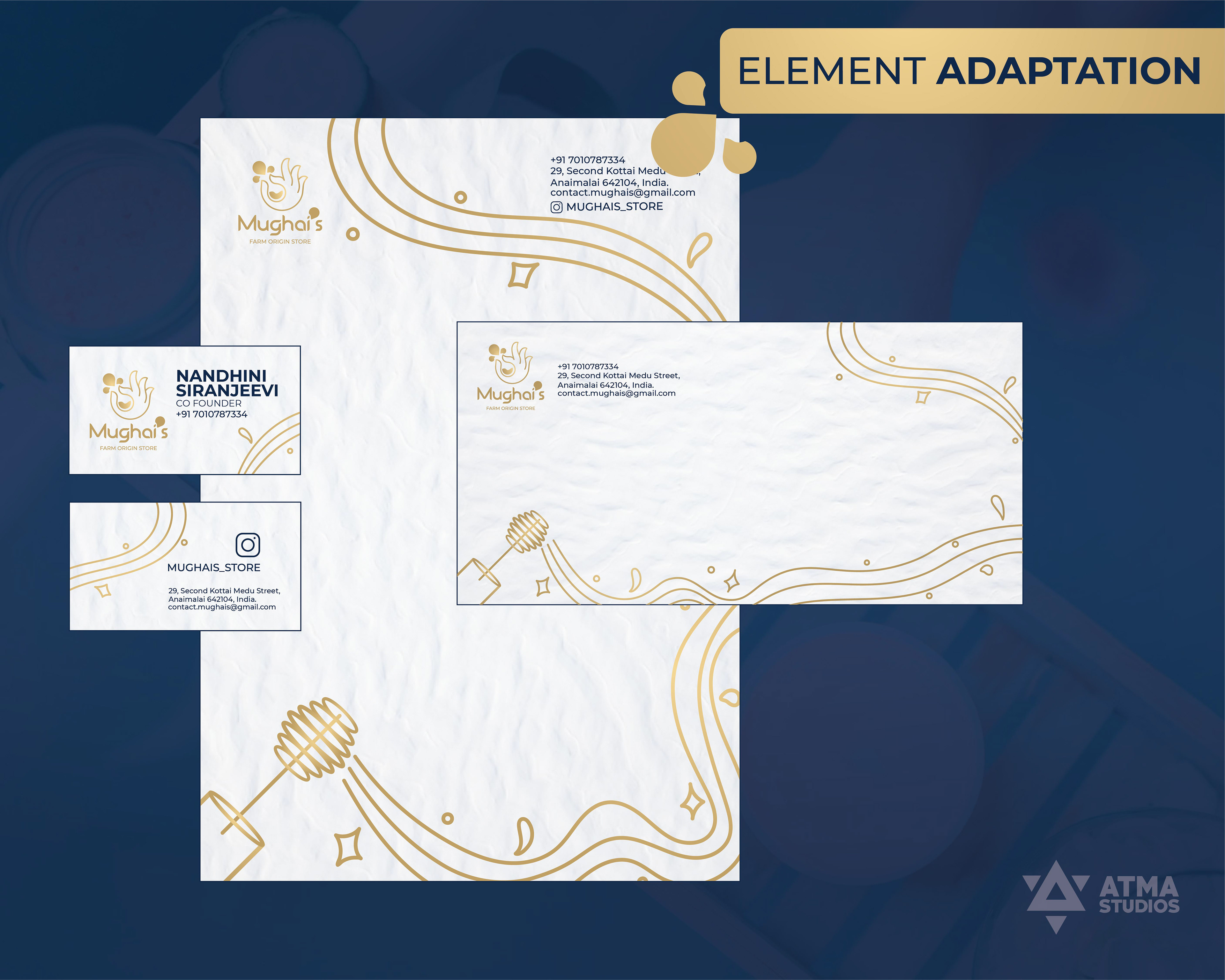 Mughai's Farm Origin Store rebranding: brand element adaptation on letterhead, envelope and cards