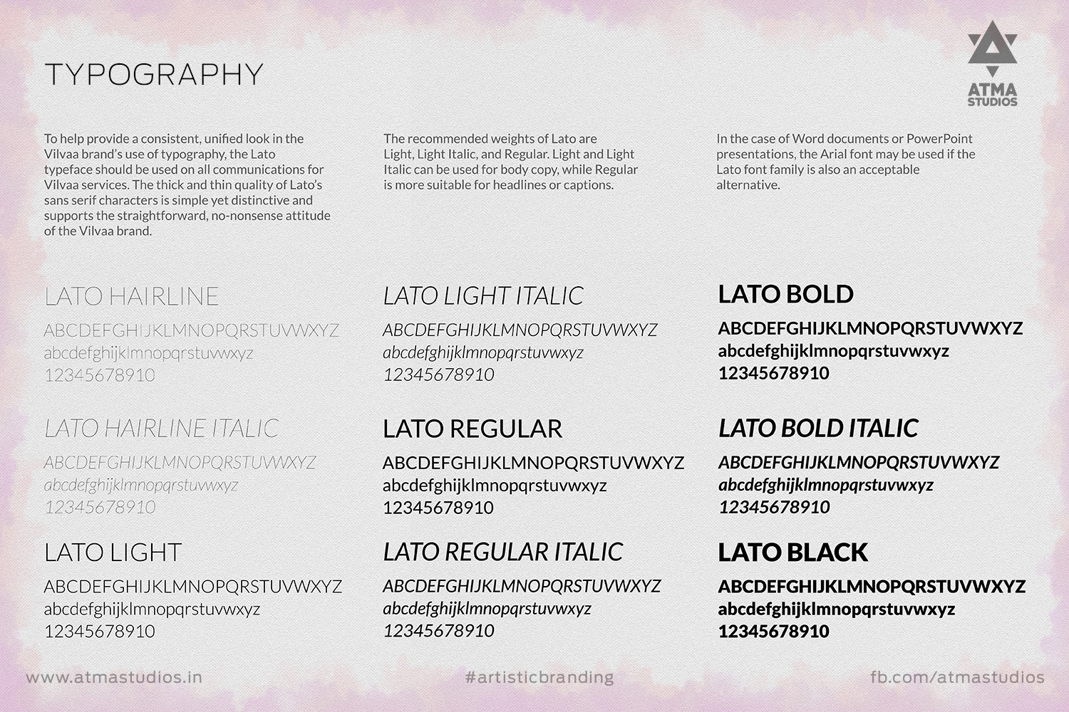 Vilvaa online garland store brand: typography sheet using the Lato font family