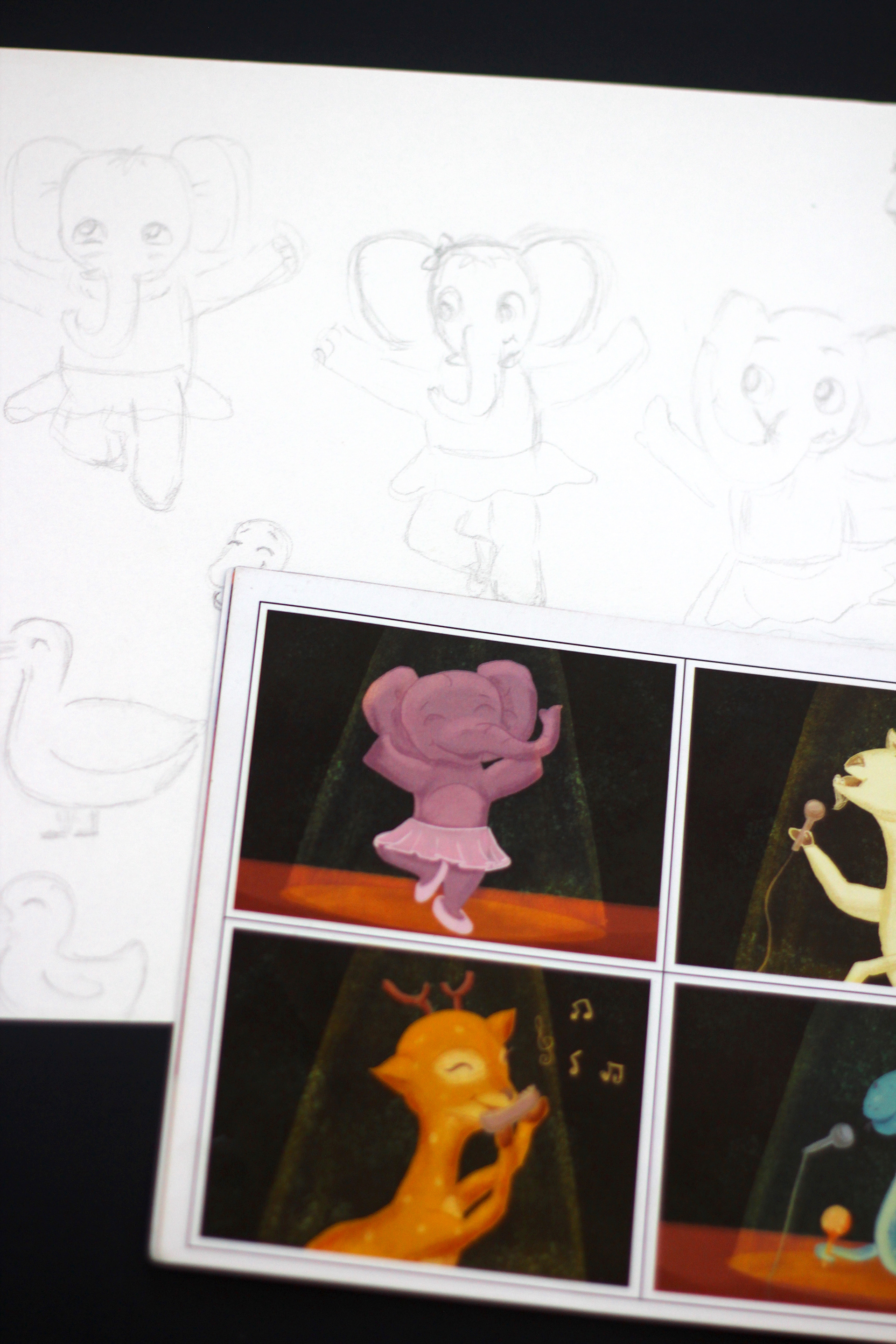 The Missing Prizes children's book: elephant sketches with printed dance panels