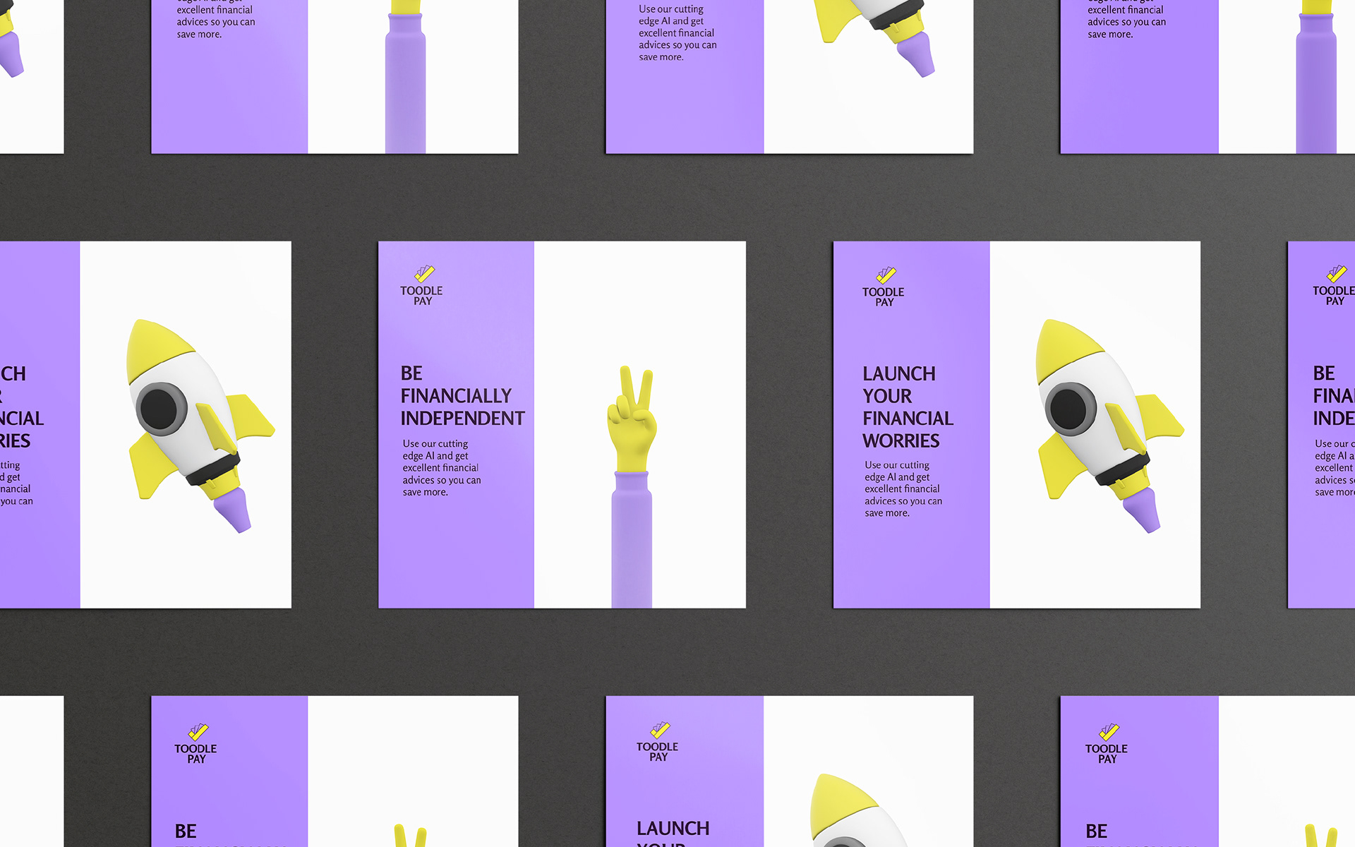 Toodle Pay savings app branding: poster grid with rocket and hand illustrations