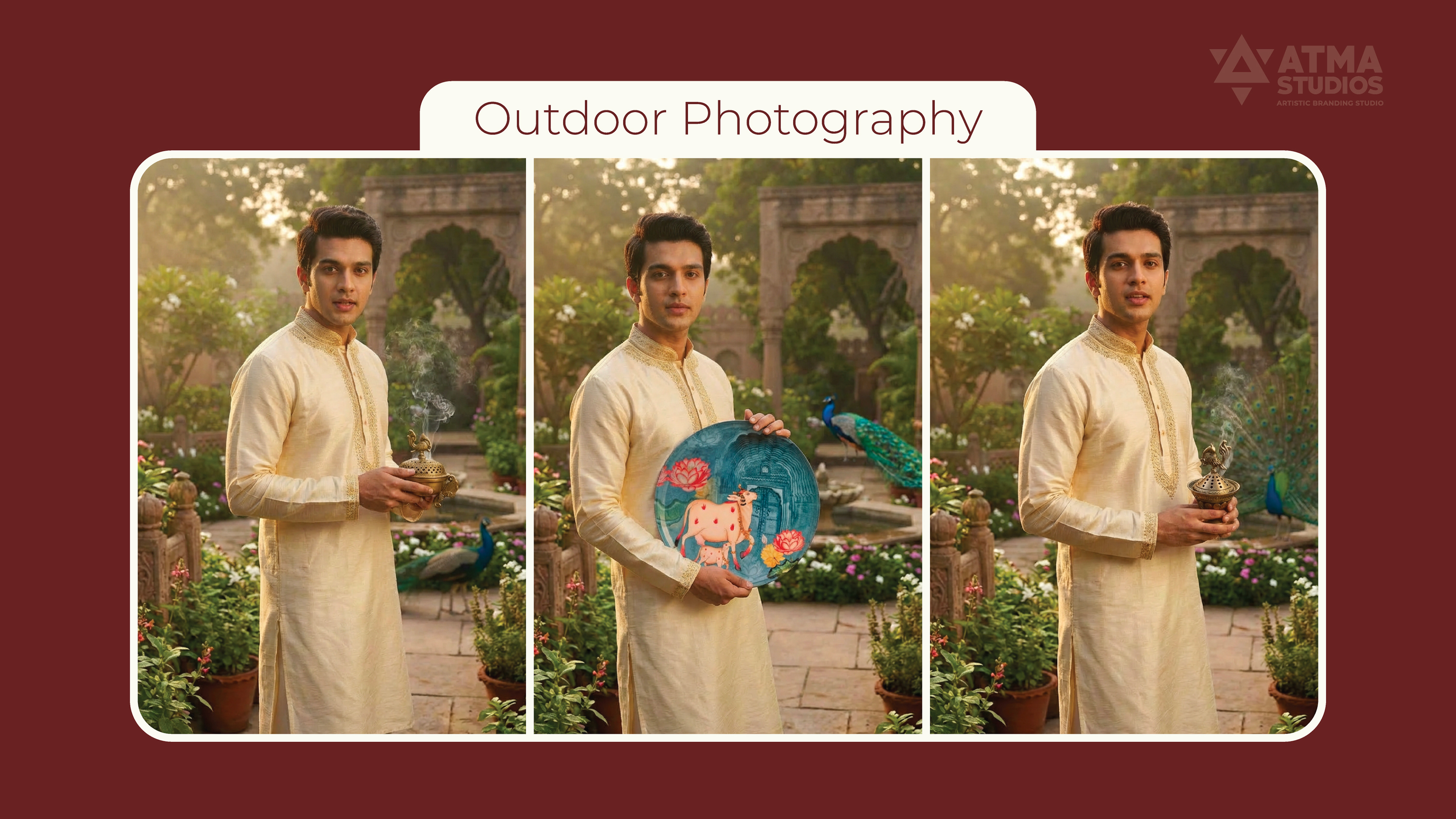 Ritualistic mindful essentials brand: outdoor brand photography of a man in kurta holding a painted plate