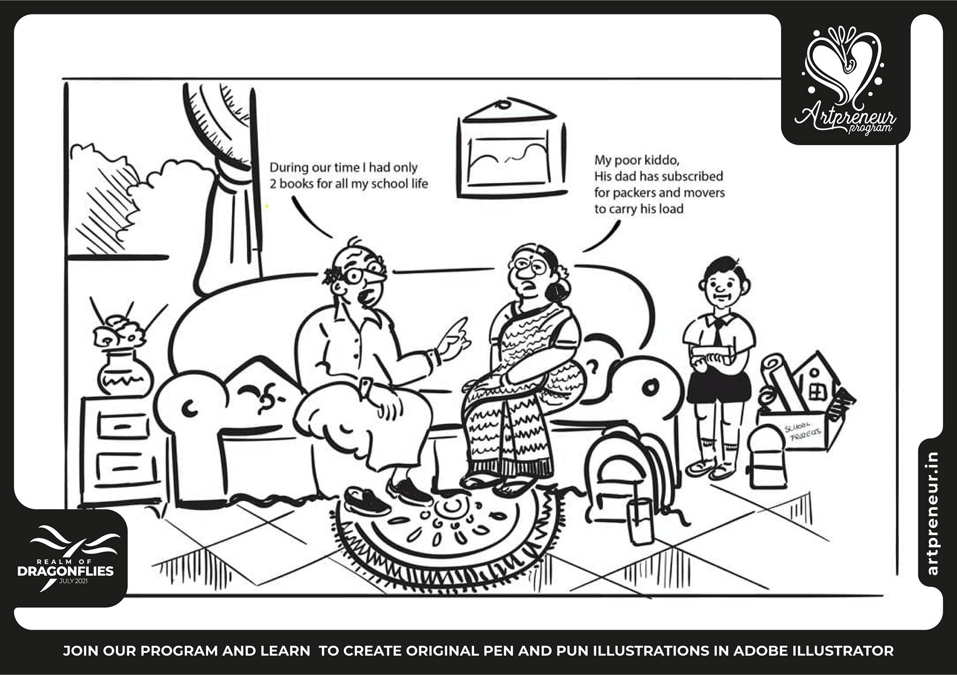30 pen and pun comic cartoon illustrations: #28 Family on the sofa