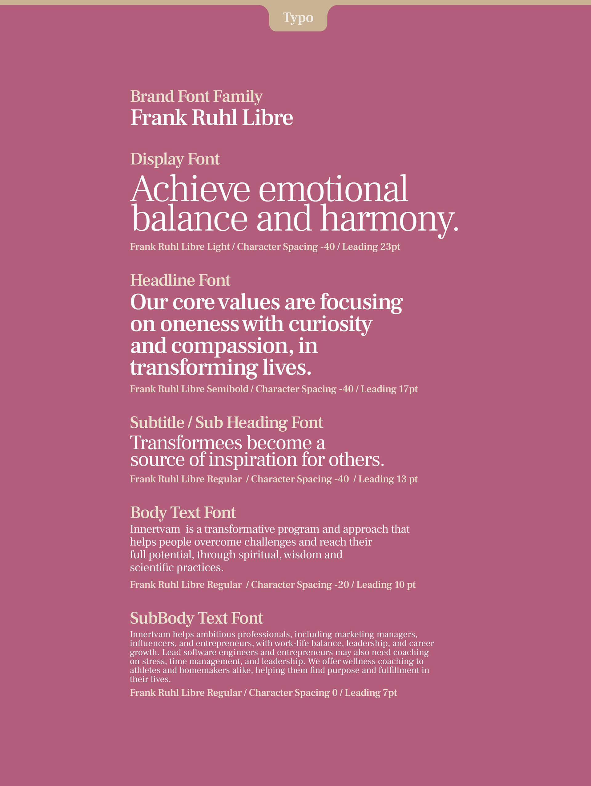 Innertvam life transformation program brand: typography sheet using the Frank Ruhl Libre typeface