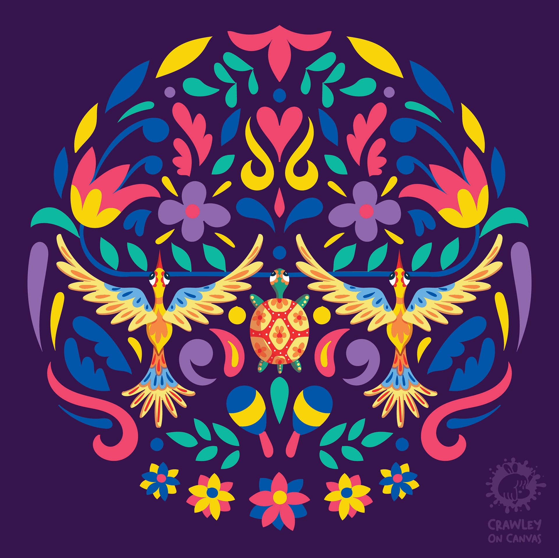 Panchatantra folk tales in Mexican Alebrije style: two birds with spread wings among flowers