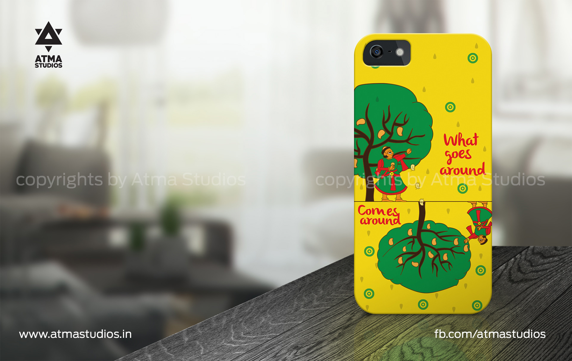 Karmyo brand merchandise: phone case with the What goes around artwork