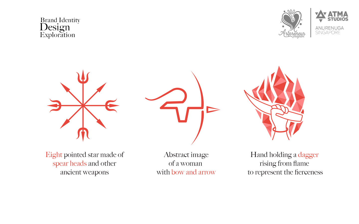 Korravai martial arts school for women brand identity: logo design exploration of bow, arrow and flame marks