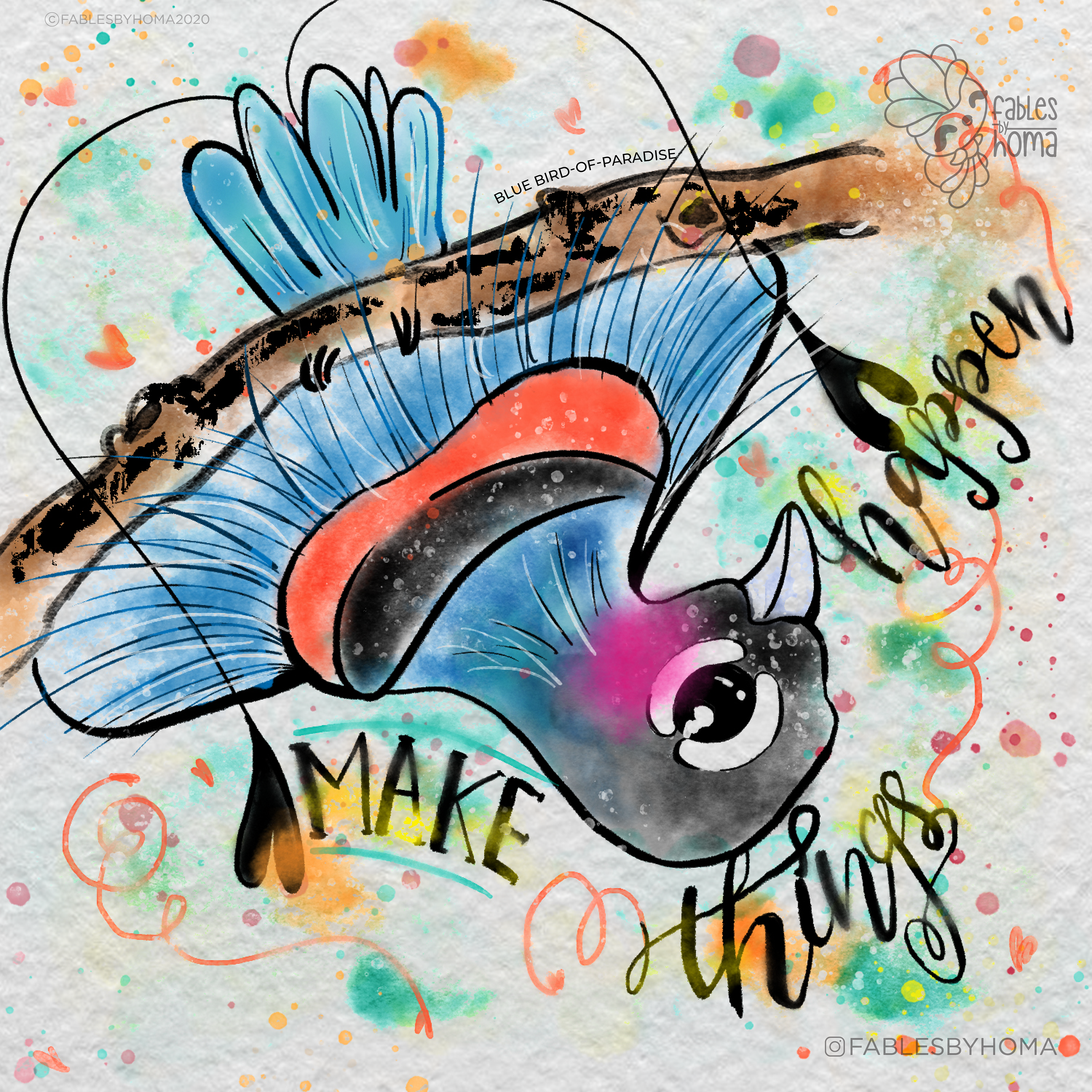 Birds of paradise watercolour illustrations: #3 "Make things happen" bird