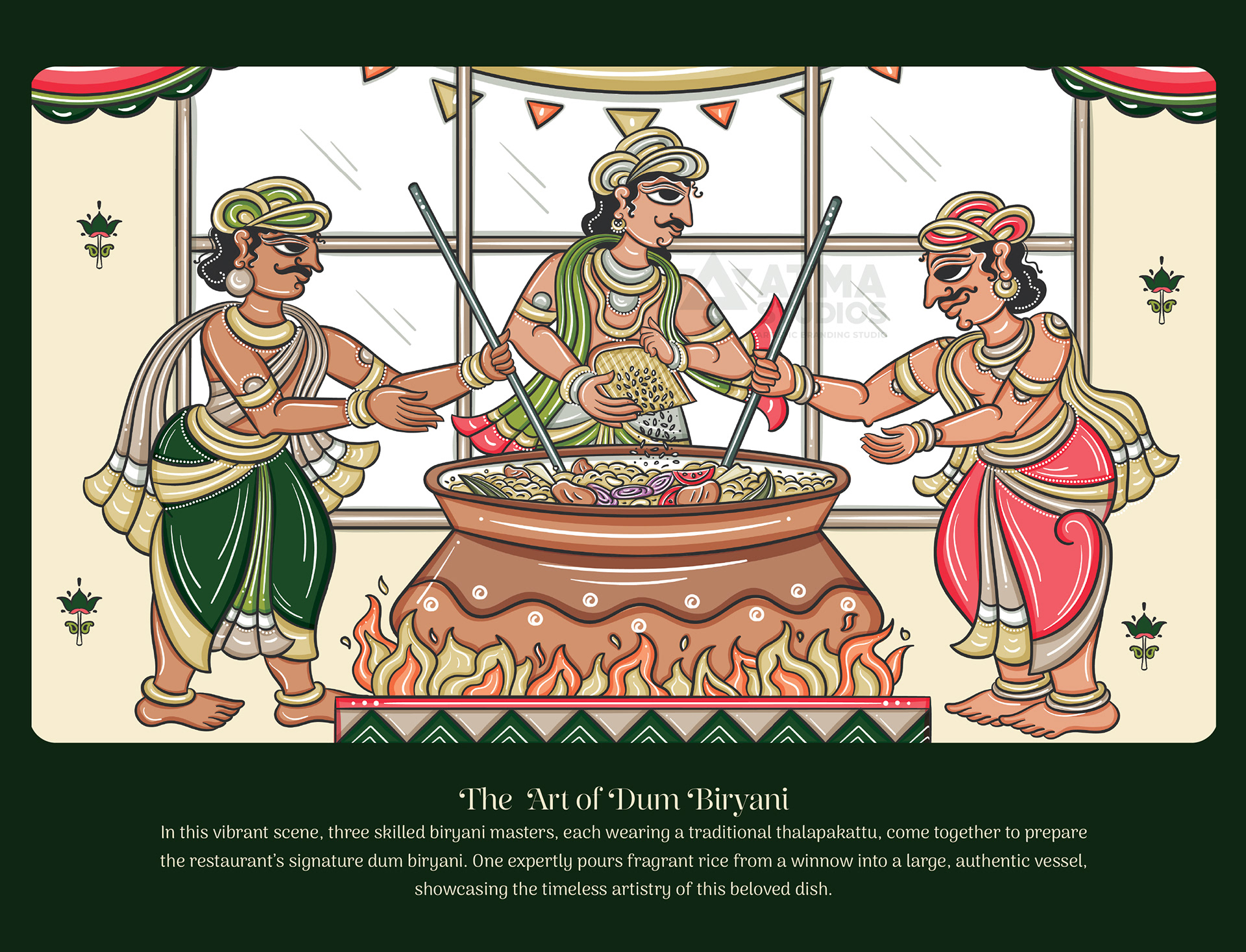 India Spice House restaurant wall art in Cheriyal scroll style, USA: three cooks stirring a large pot of biryani