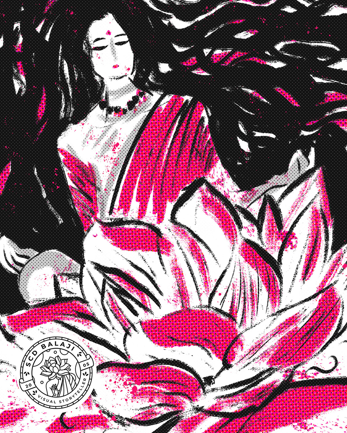 Experimental Thirukkural illustrations: #12 Woman on a pink lotus in ink