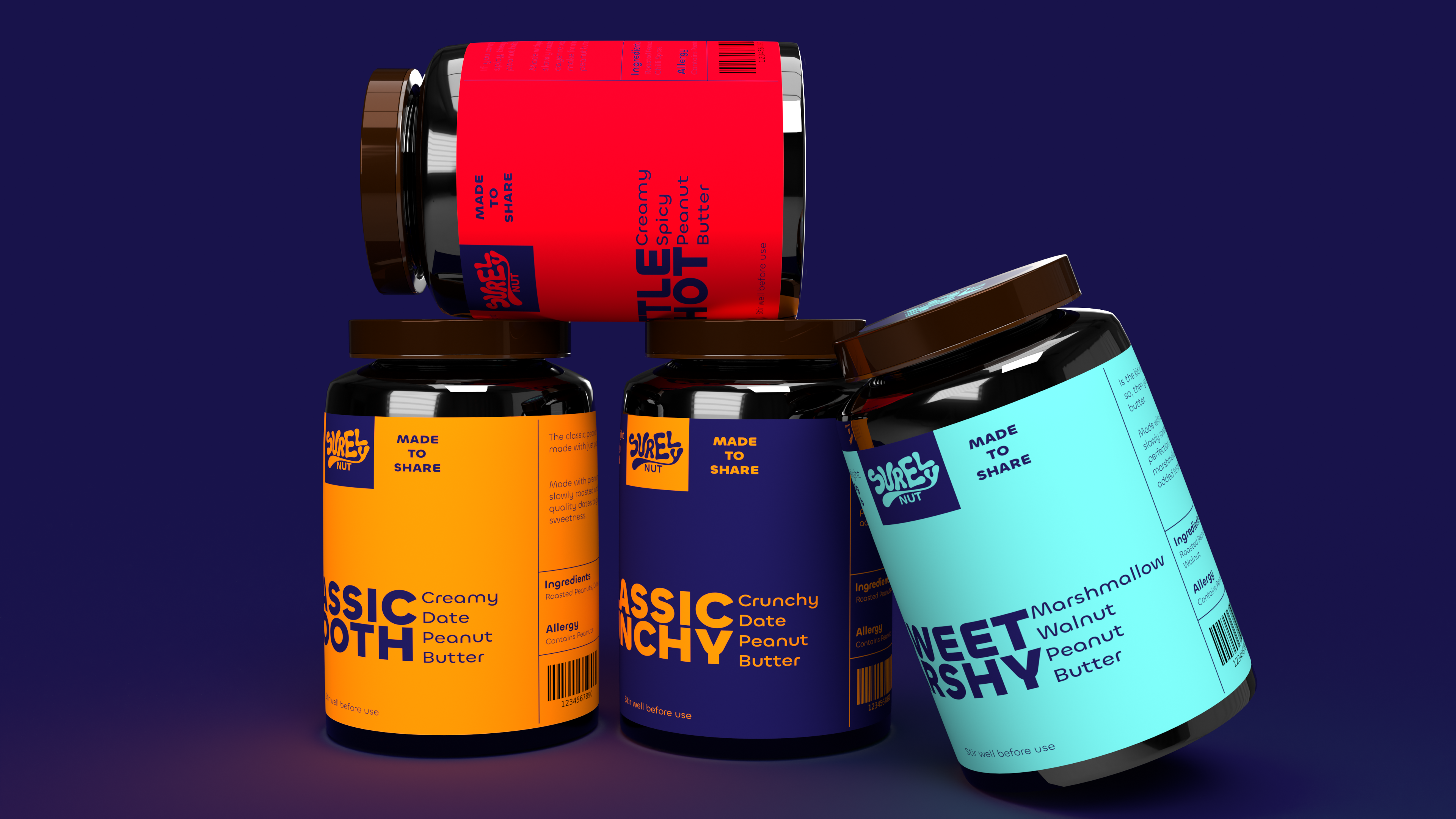 Surely Nut nut butter branding and packaging: stack of jars with bold labels on navy