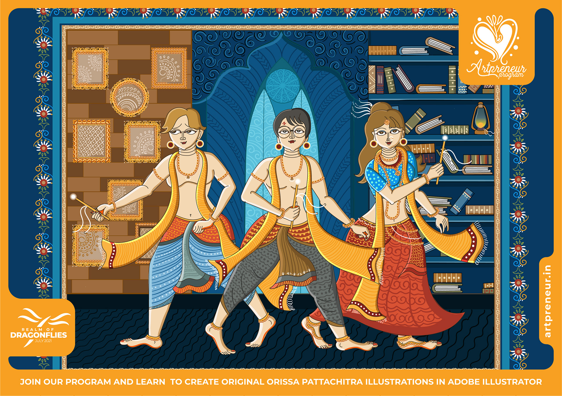 30 Orissa Pattachitra Indian folk illustrations: #2 Scholars in a library