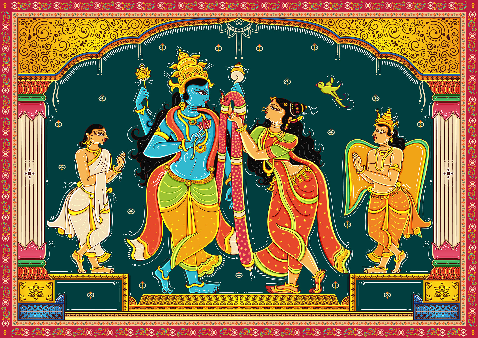 Thiruppavai illustrations part 2 in Orissa Pattachitra style: pasuram illustration with Tamil lettering: Krishna and Andal with attendants