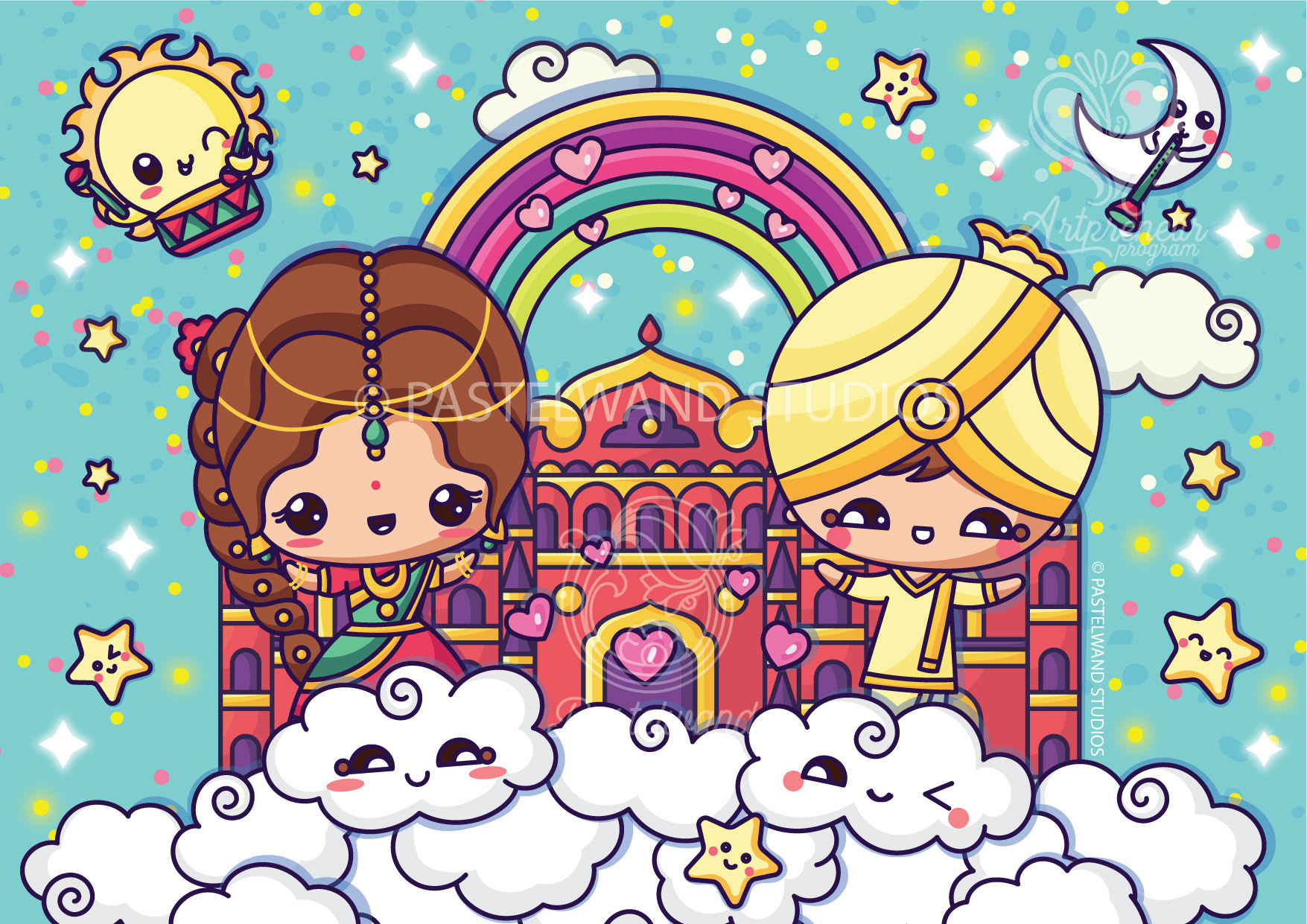 Indian kawaii contemplations: #5 Kawaii royal couple by a palace on clouds
