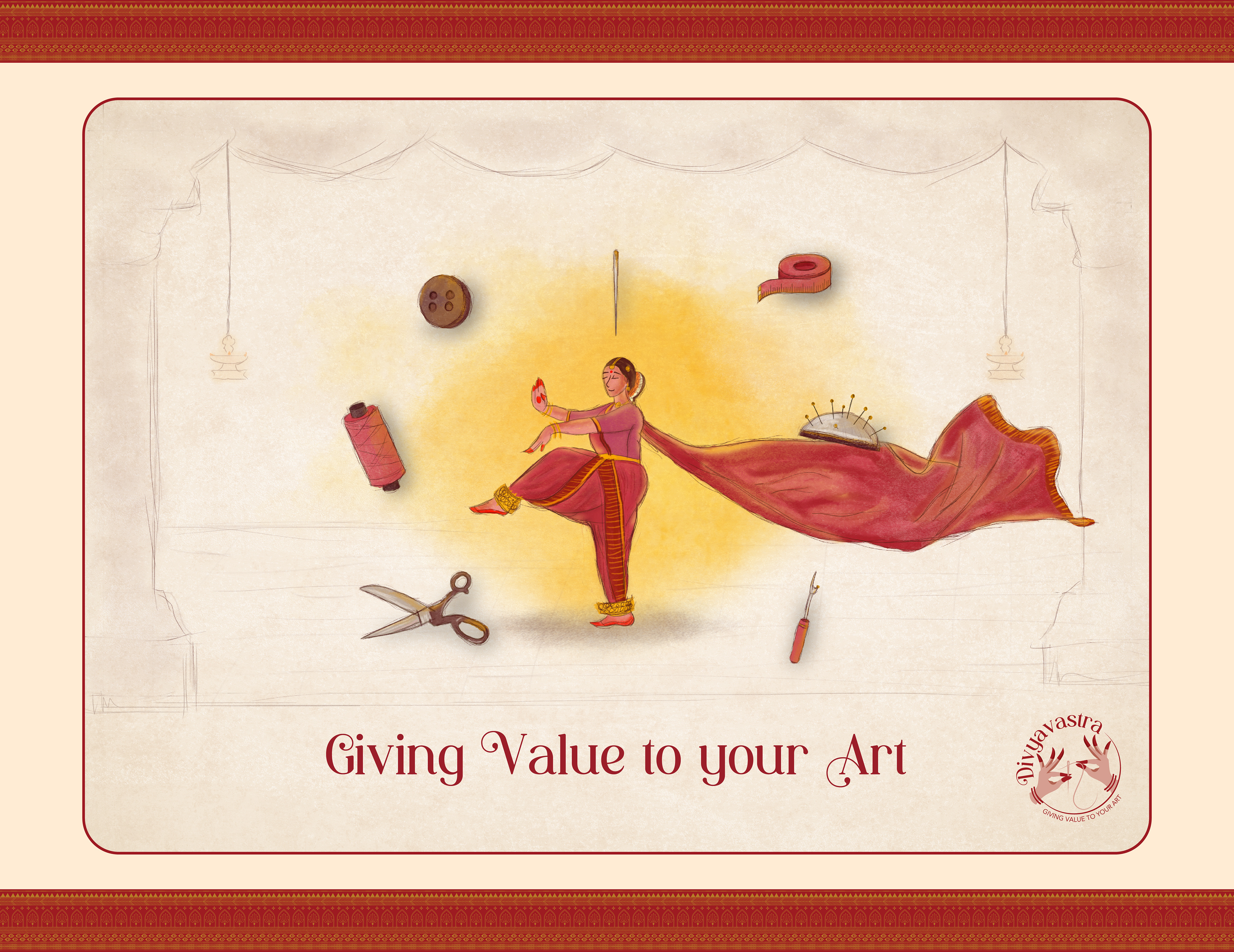 Divyavastra classical dance couture brand: brand illustration of a dancer in a red costume with tailoring tools, Giving Value to Your Art
