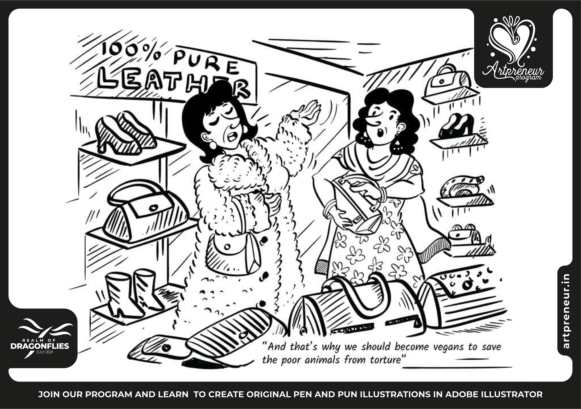 30 pen and pun comic cartoon illustrations: #5 "100% pure leather" shop scene