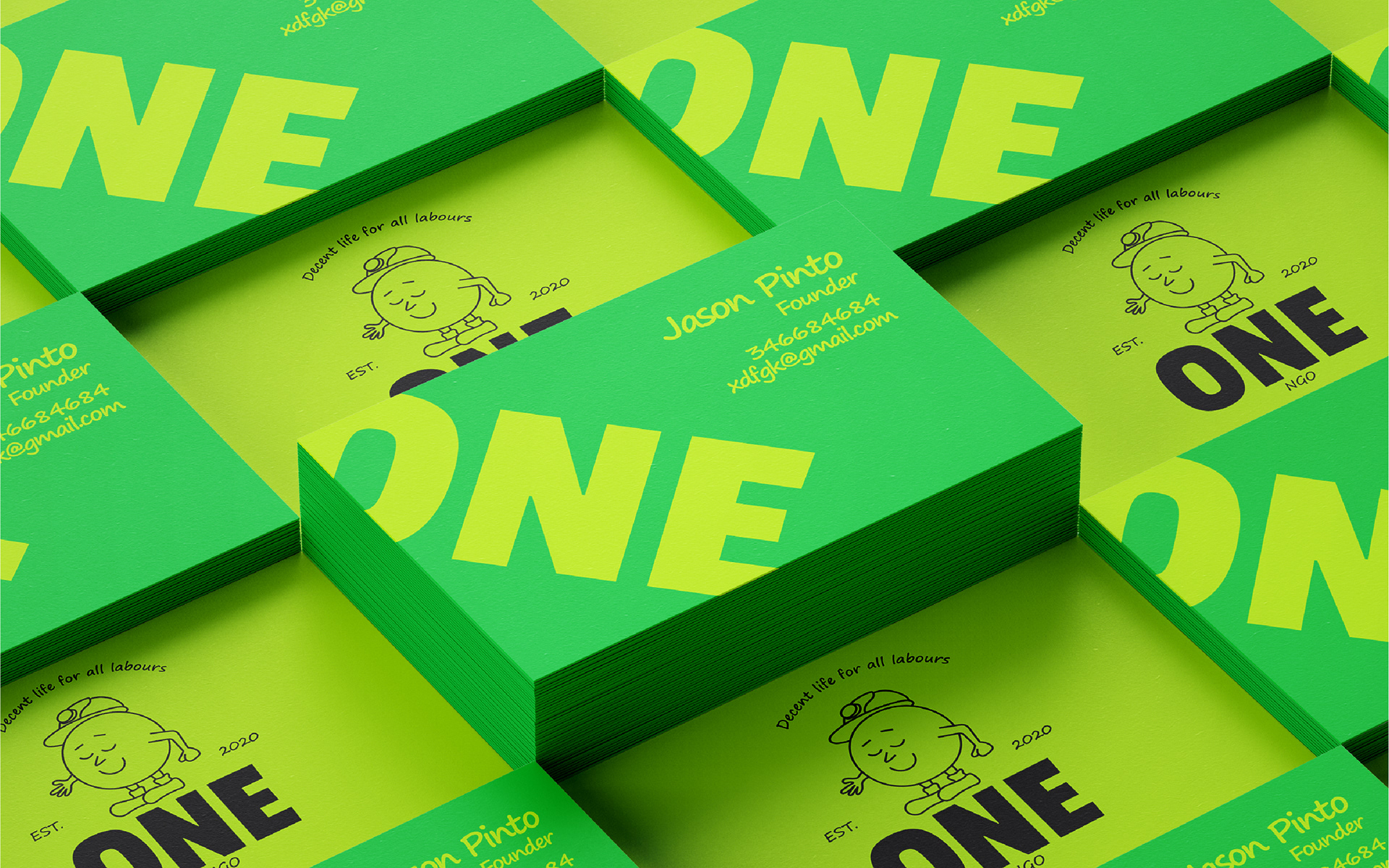 ONE labour rights campaign branding: green boxes with the ONE logo