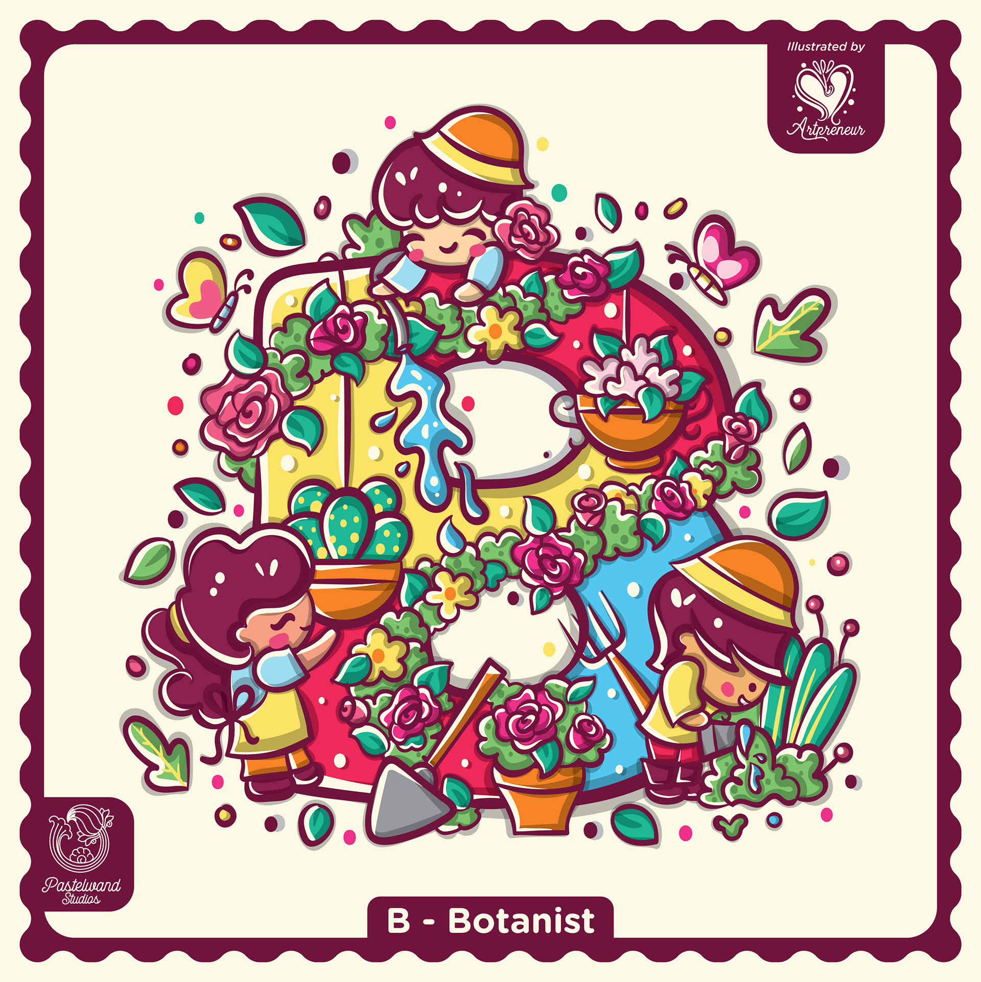 My Little Career ABC children's book: B for Botanist, an illustrated letter filled with tools and tiny characters