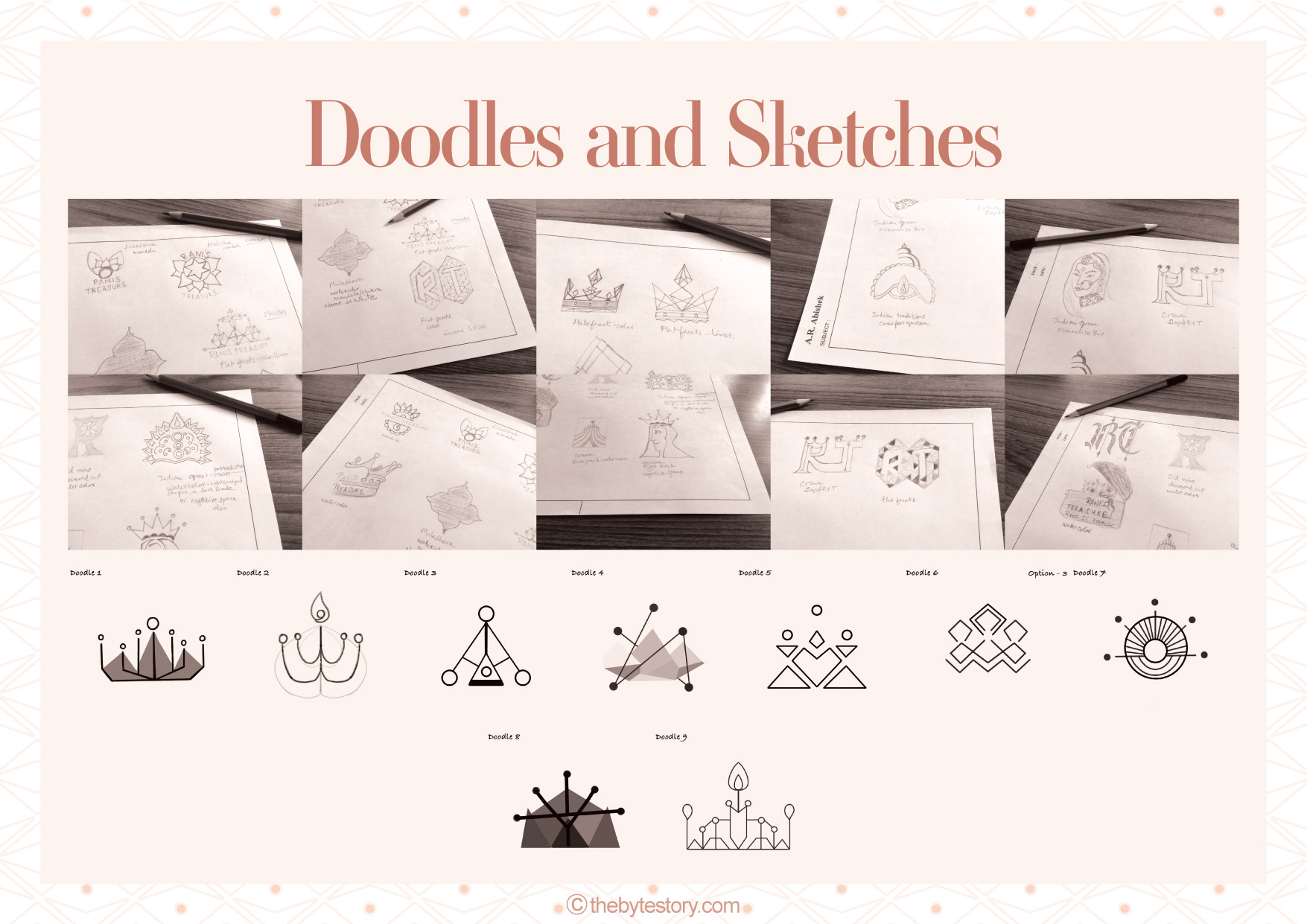 Rani's Treasure luxury jewellery rental brand: doodles and logo sketches