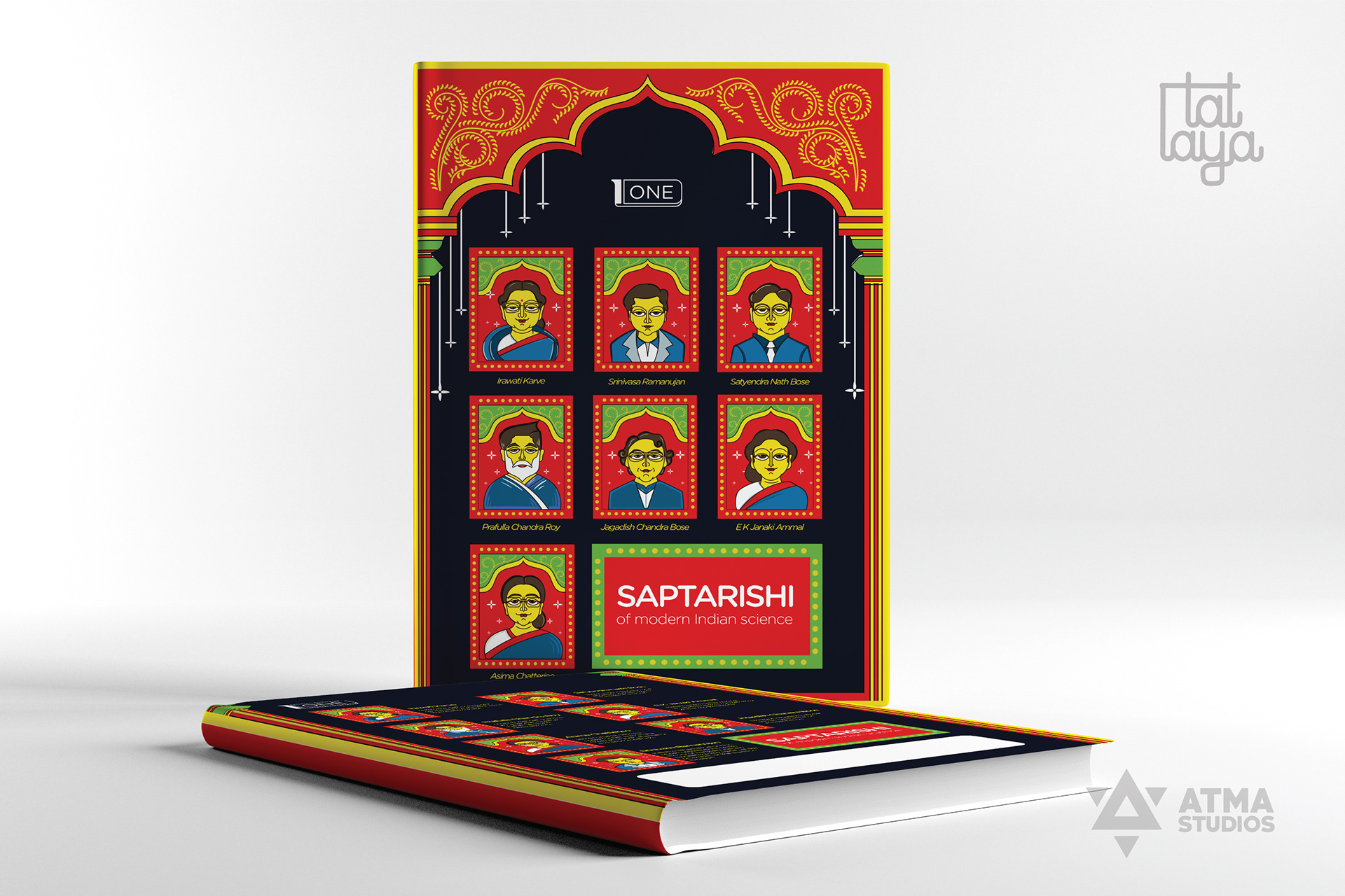 Aamku notebook cover designs: orange notebook with a grid of portrait frames under an arch, notebook cover design by Atma Studios