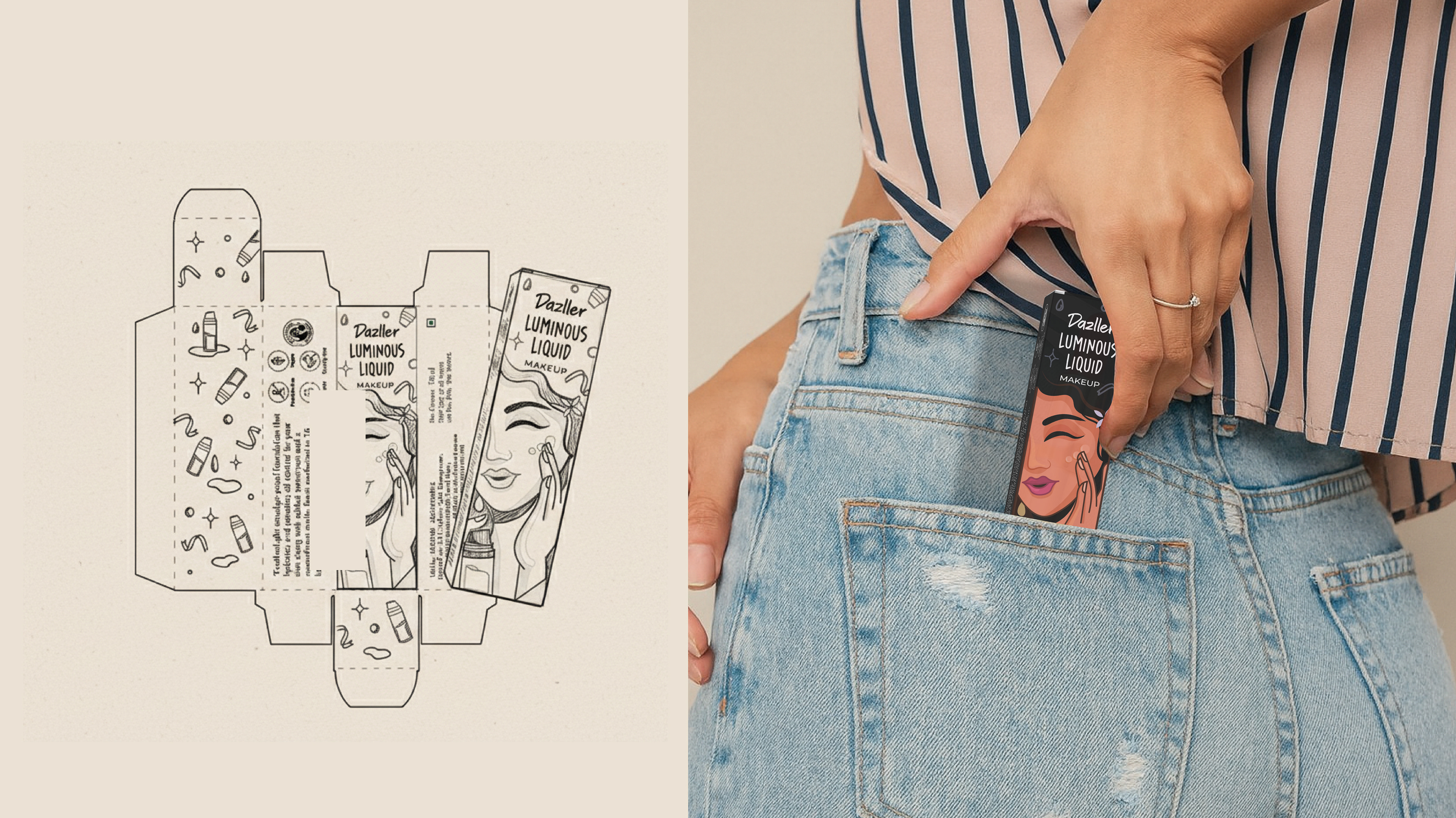 Dazller foundation stick packaging: carton dieline beside the carton in a jeans pocket