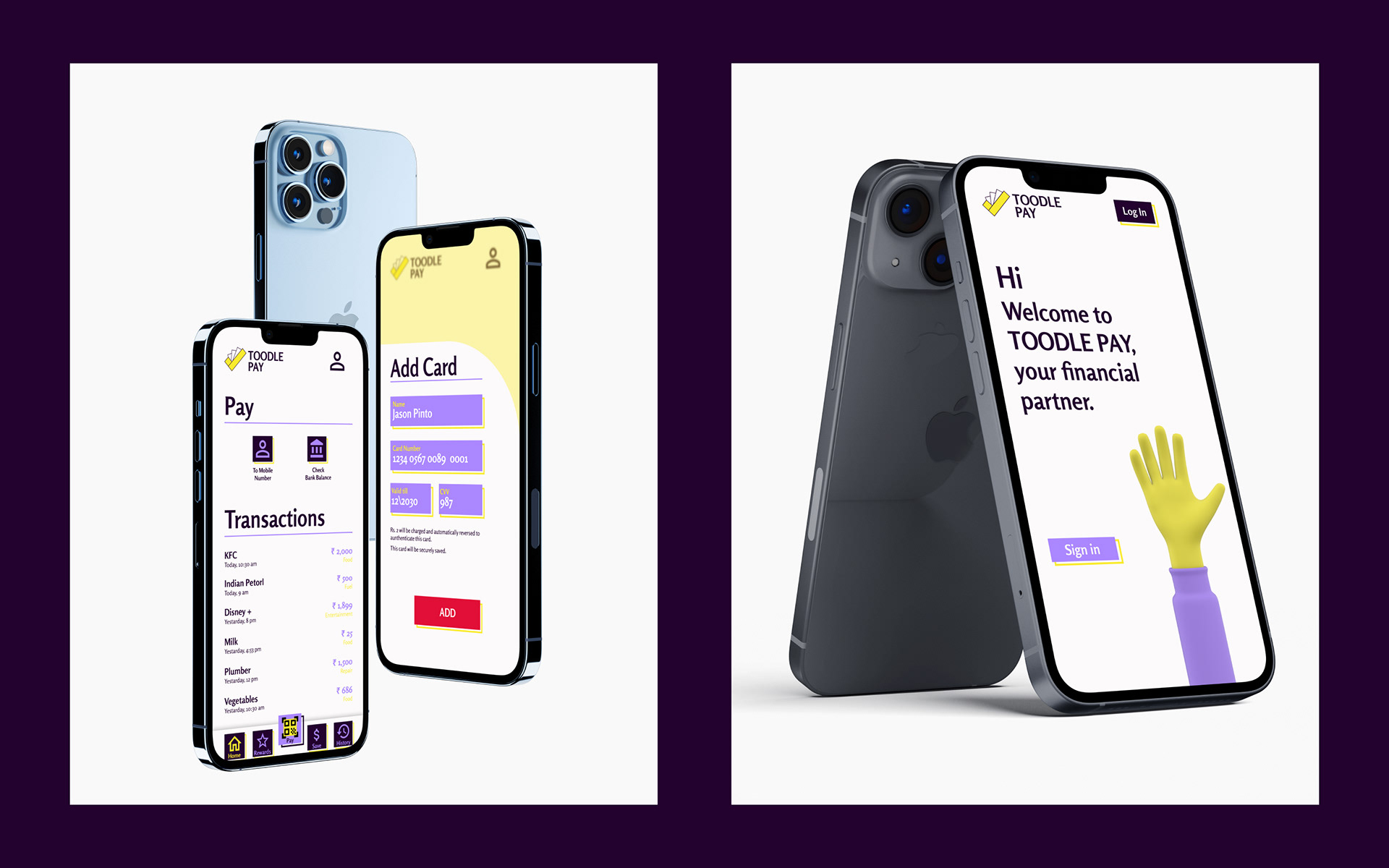 Toodle Pay savings app branding: app screens on two phones