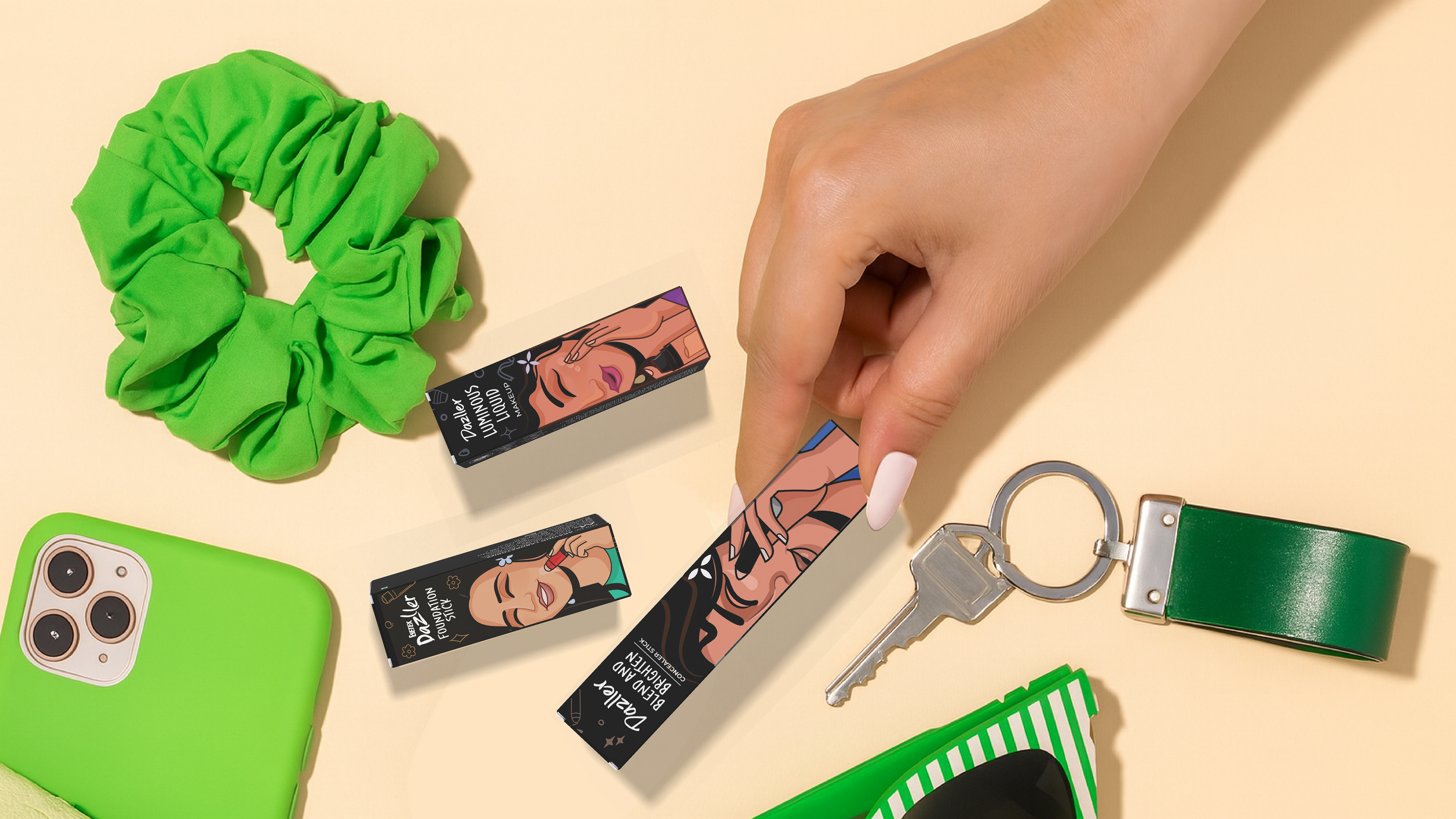 Dazller foundation stick packaging: hand picking up the carton among keys, phone and scrunchie