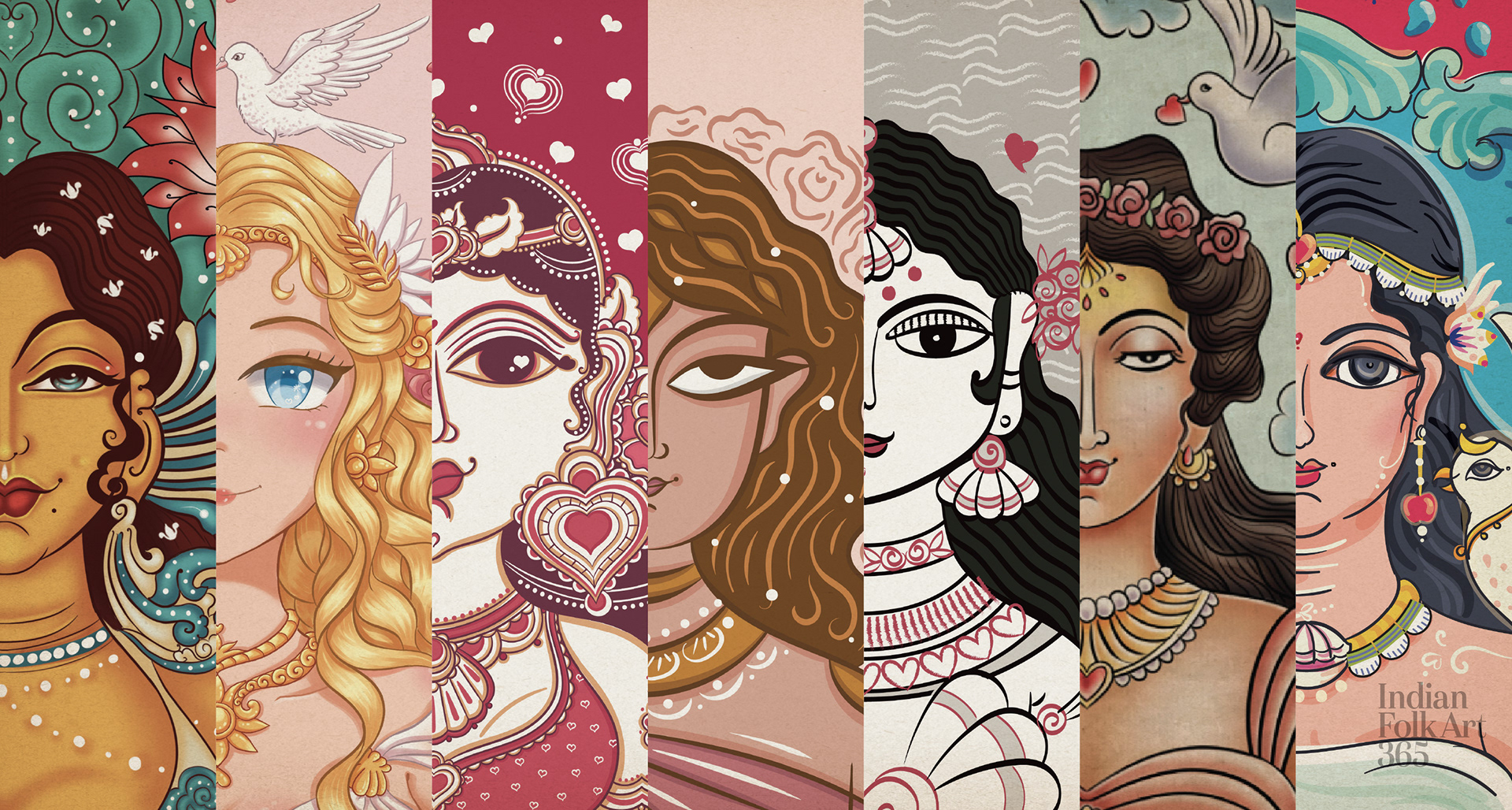 Aphrodite in 7 art styles, an Indian Folk Art 365 tribute: banner of Aphrodite portraits in seven Indian and international art styles