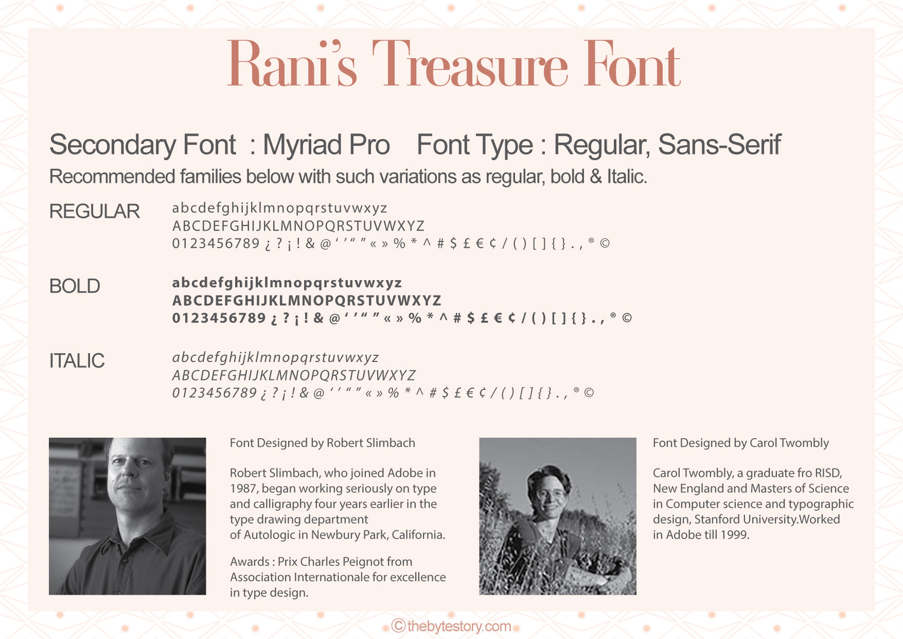 Rani's Treasure luxury jewellery rental brand: secondary font sheet showing Myriad Pro