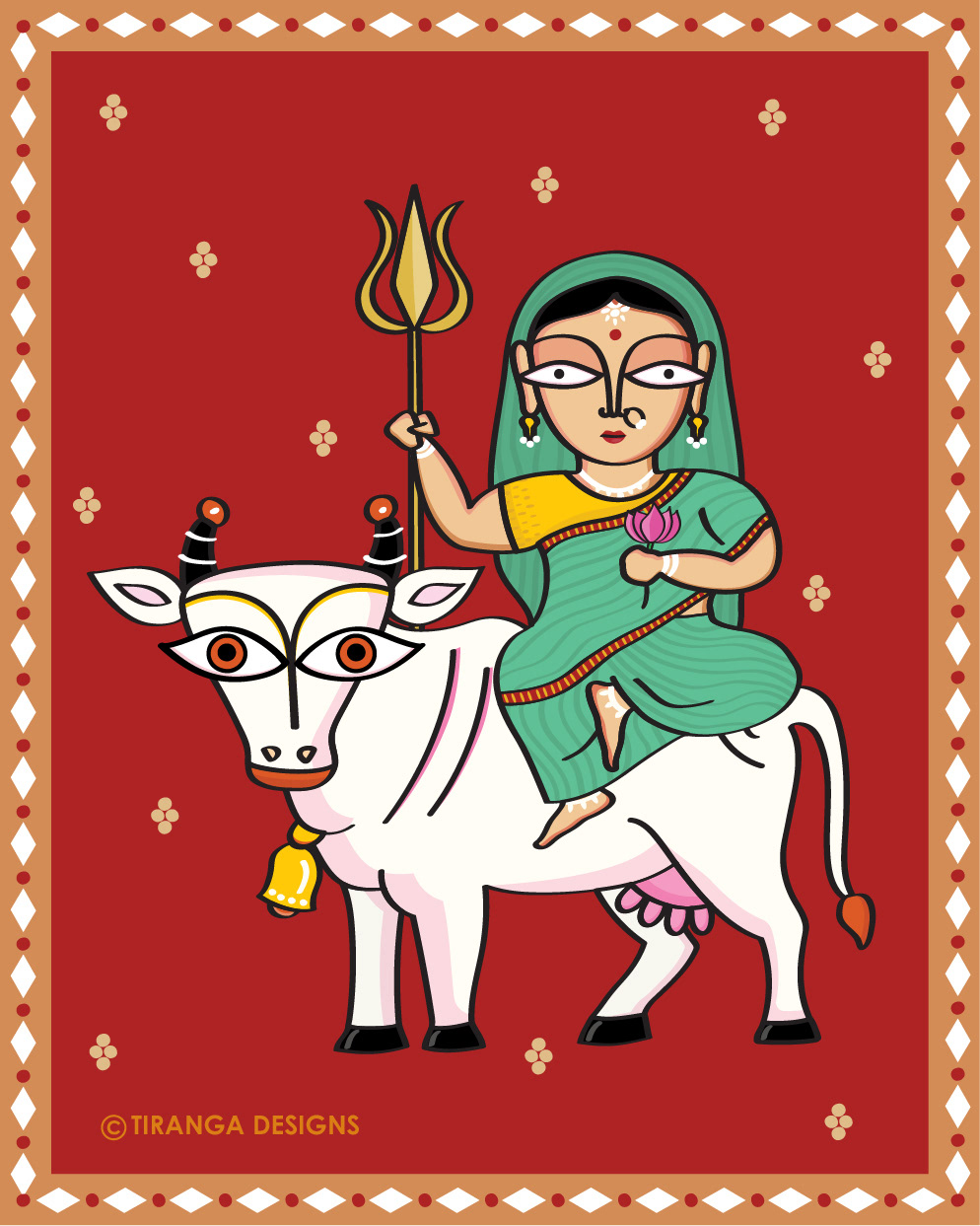 Goddess Durga, 9 forms worshipped during Navratri: #1 Shailaputri on a bull, Indian folk art illustration, Atma Studios portfolio