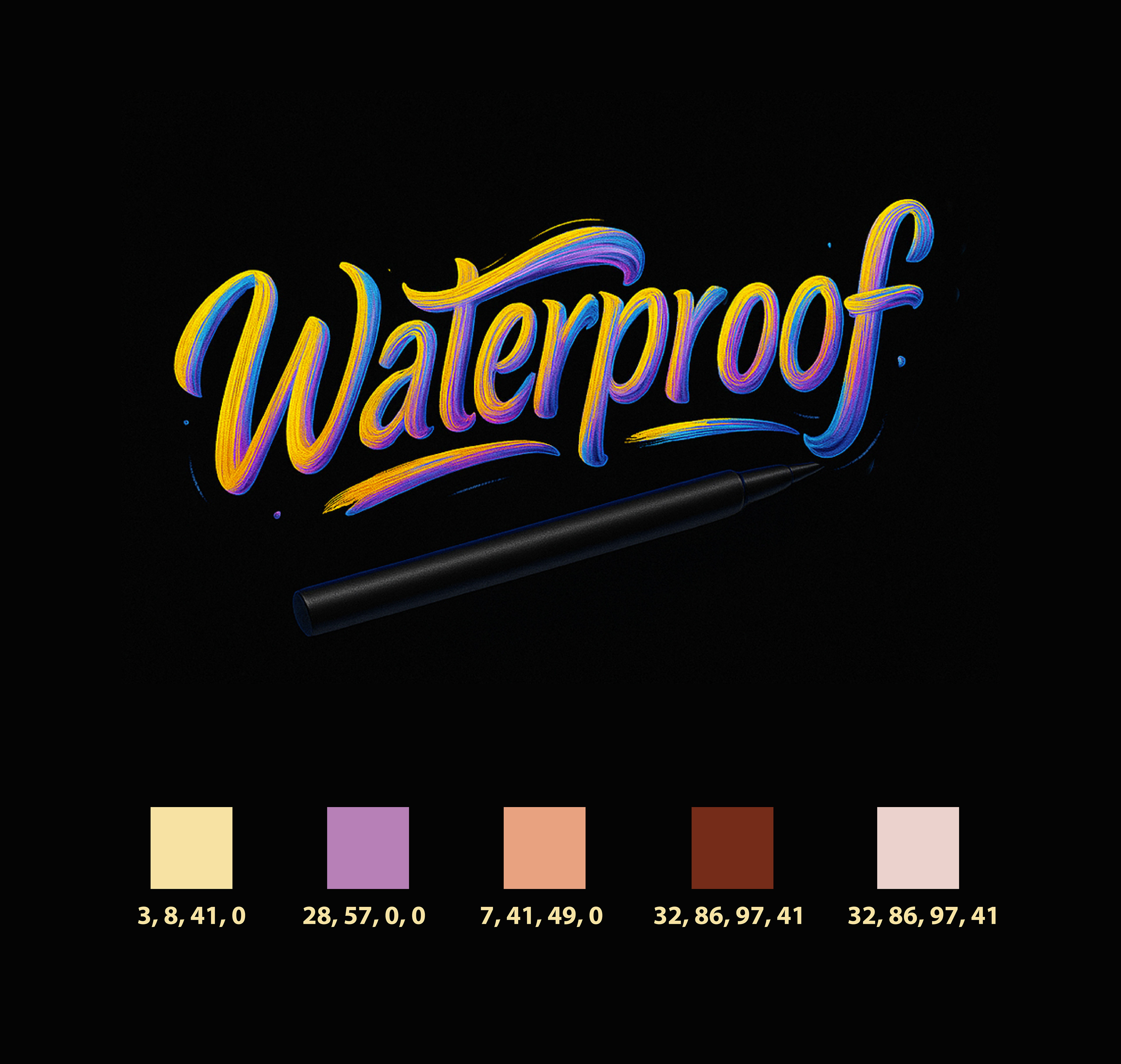 Dazller Hi-Def waterproof eyeliner packaging: Waterproof lettering with the colour palette