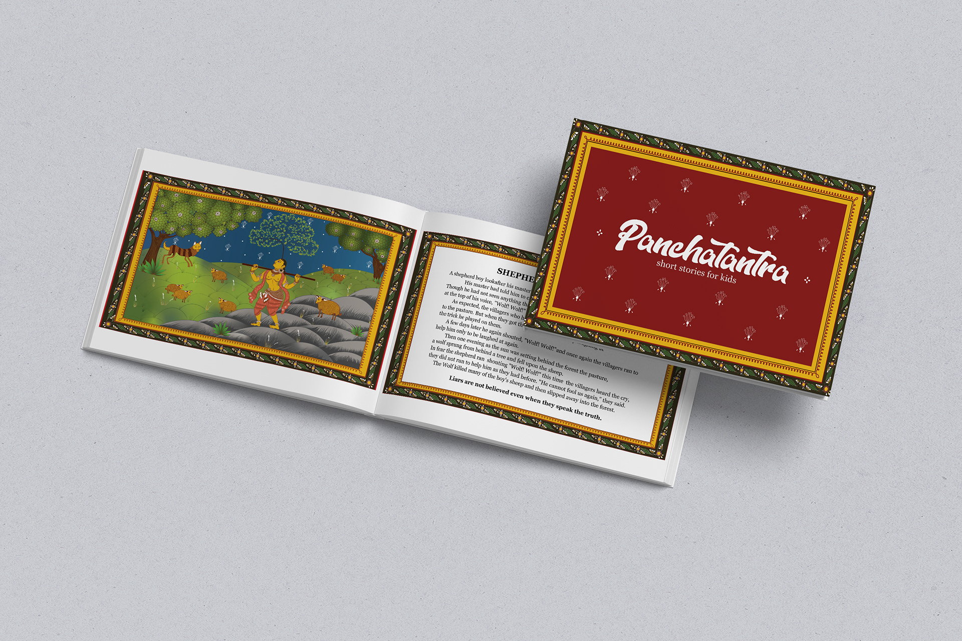 Panchatantra stories in Pattachitra style: printed book with a red Panchatantra cover, forest story