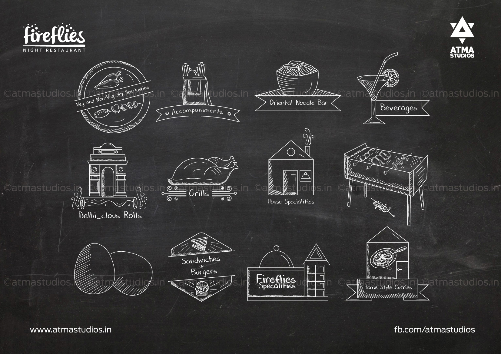 Fireflies chalk icon set: restaurant signs, food stalls and dishes
