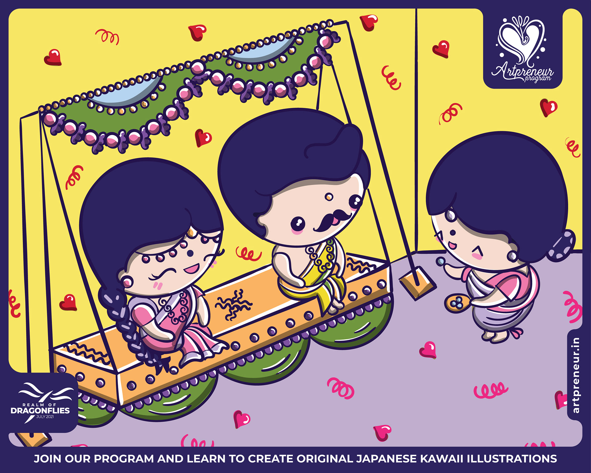 30 kawaii cute illustrations: #22 Kids on a festival swing
