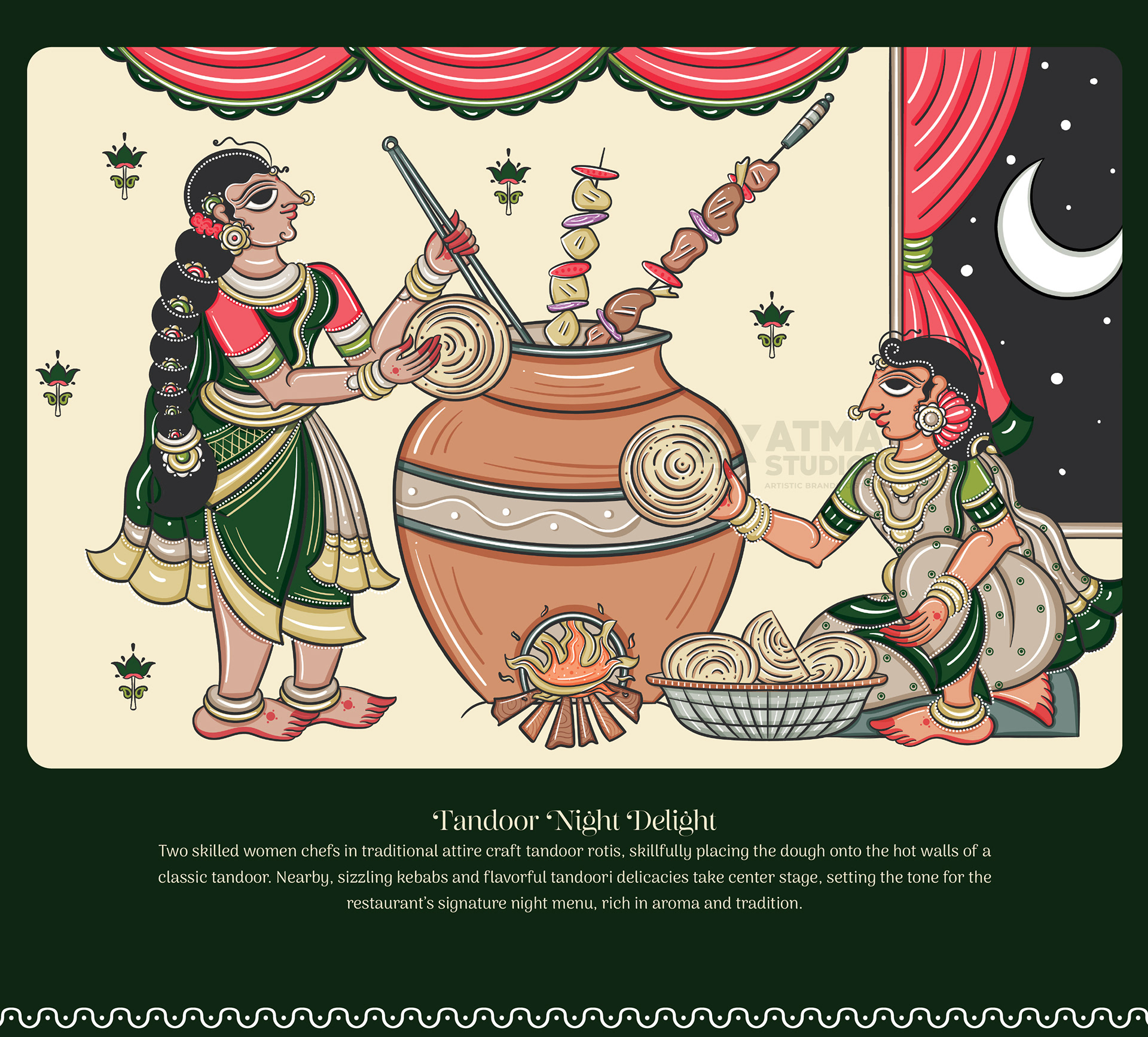 India Spice House restaurant wall art in Cheriyal scroll style, USA: women churning buttermilk beside a pot