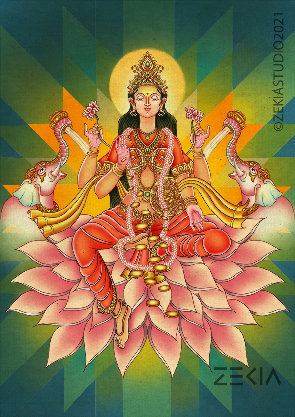 Indian goddesses in Chitrasutra art form: #2 Goddess Lakshmi seated on a pink lotus