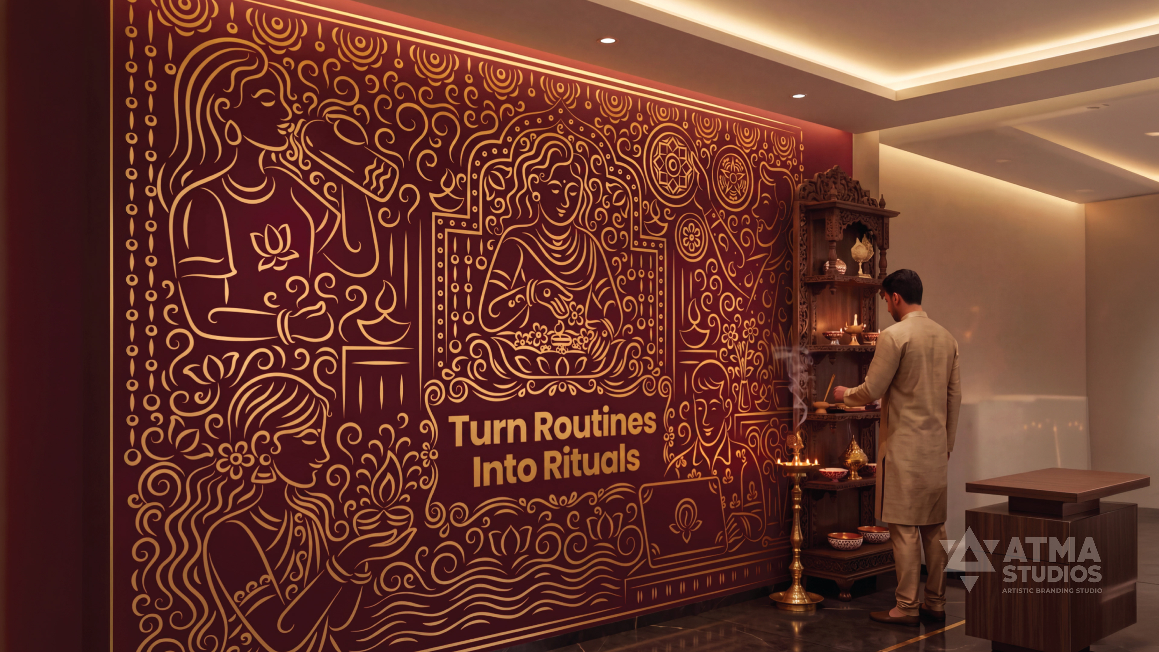 Ritualistic mindful essentials brand: large gold wall mural reading Turn Routines into Rituals