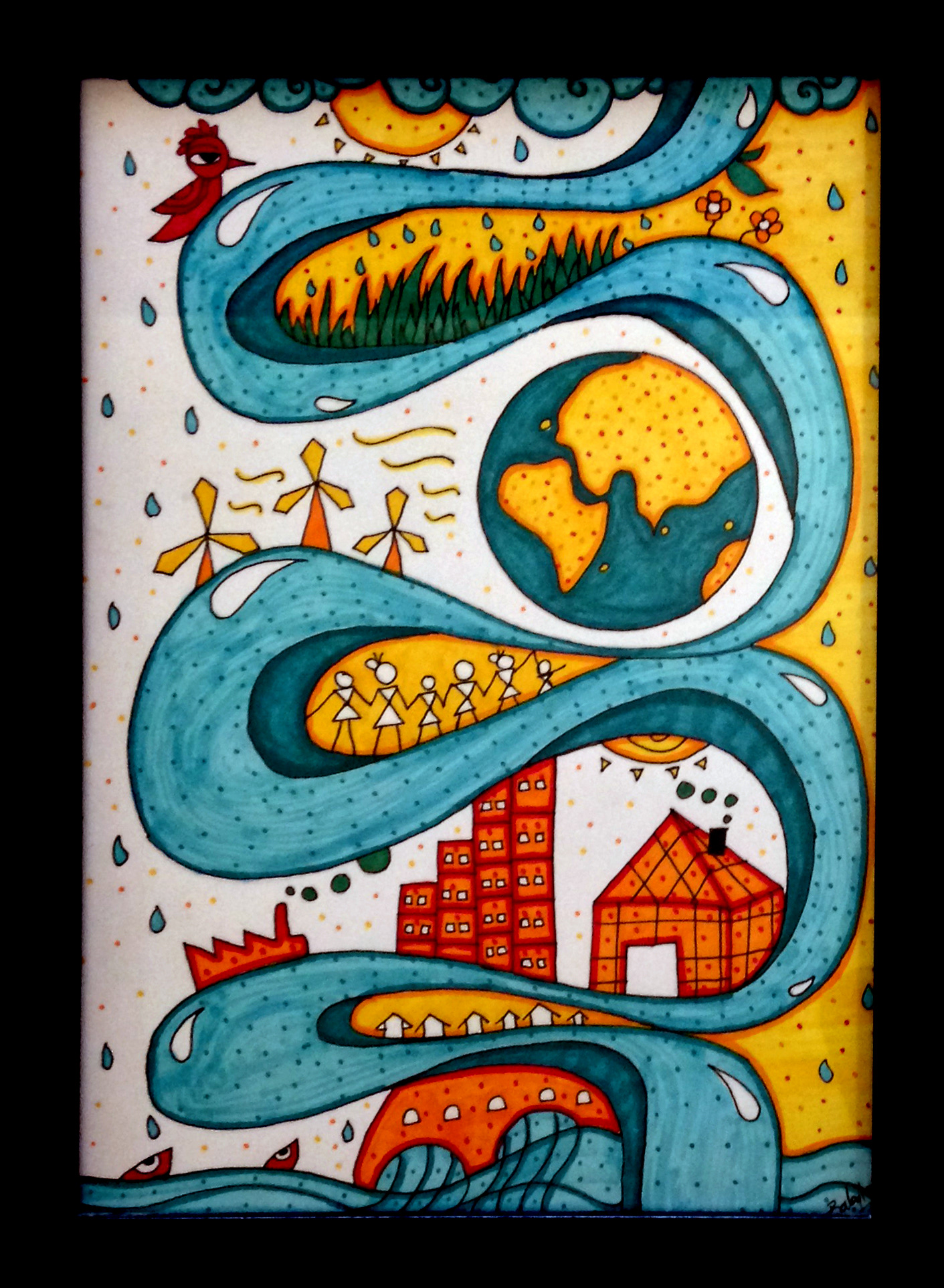 50 contemporary Indian folk art illustrations: #59 Rain, river and village folk scene