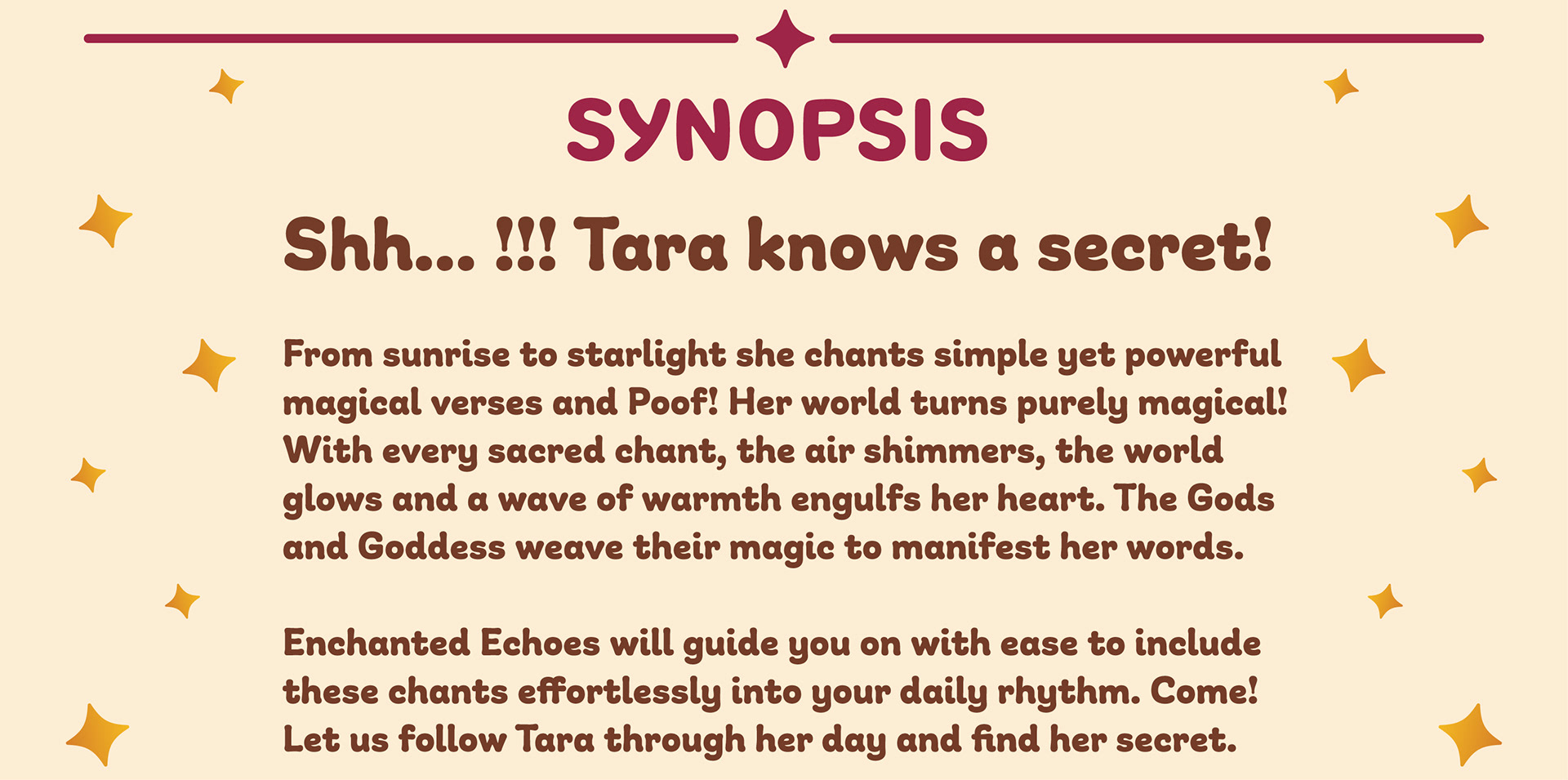 Enchanted Echoes children's book of slokas: synopsis slide, Tara knows a secret