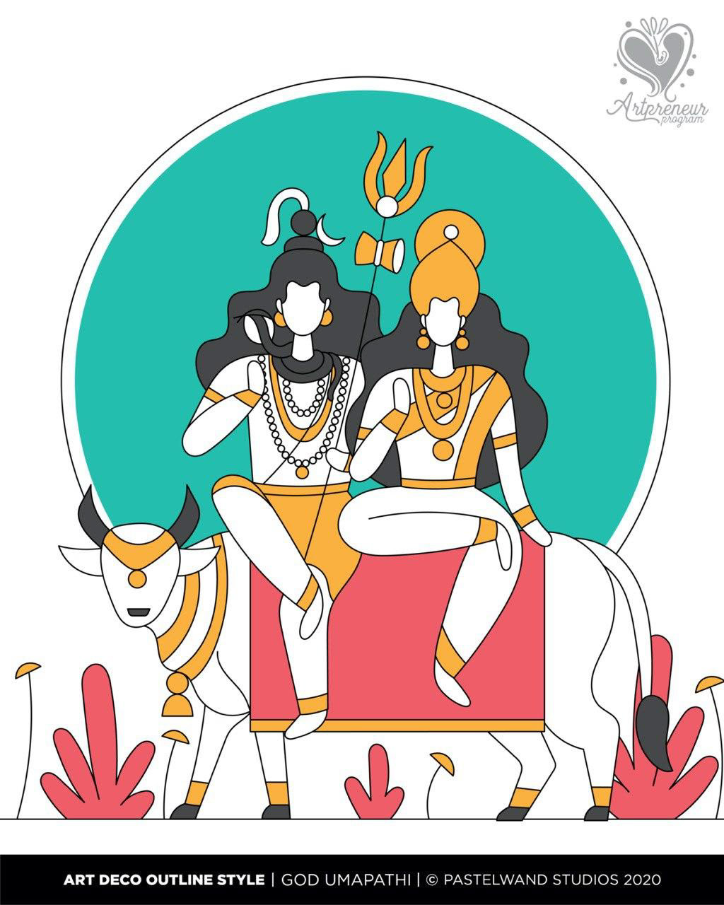 12 dimensions of Shiva in Art Deco outline style: #8 Umapathi