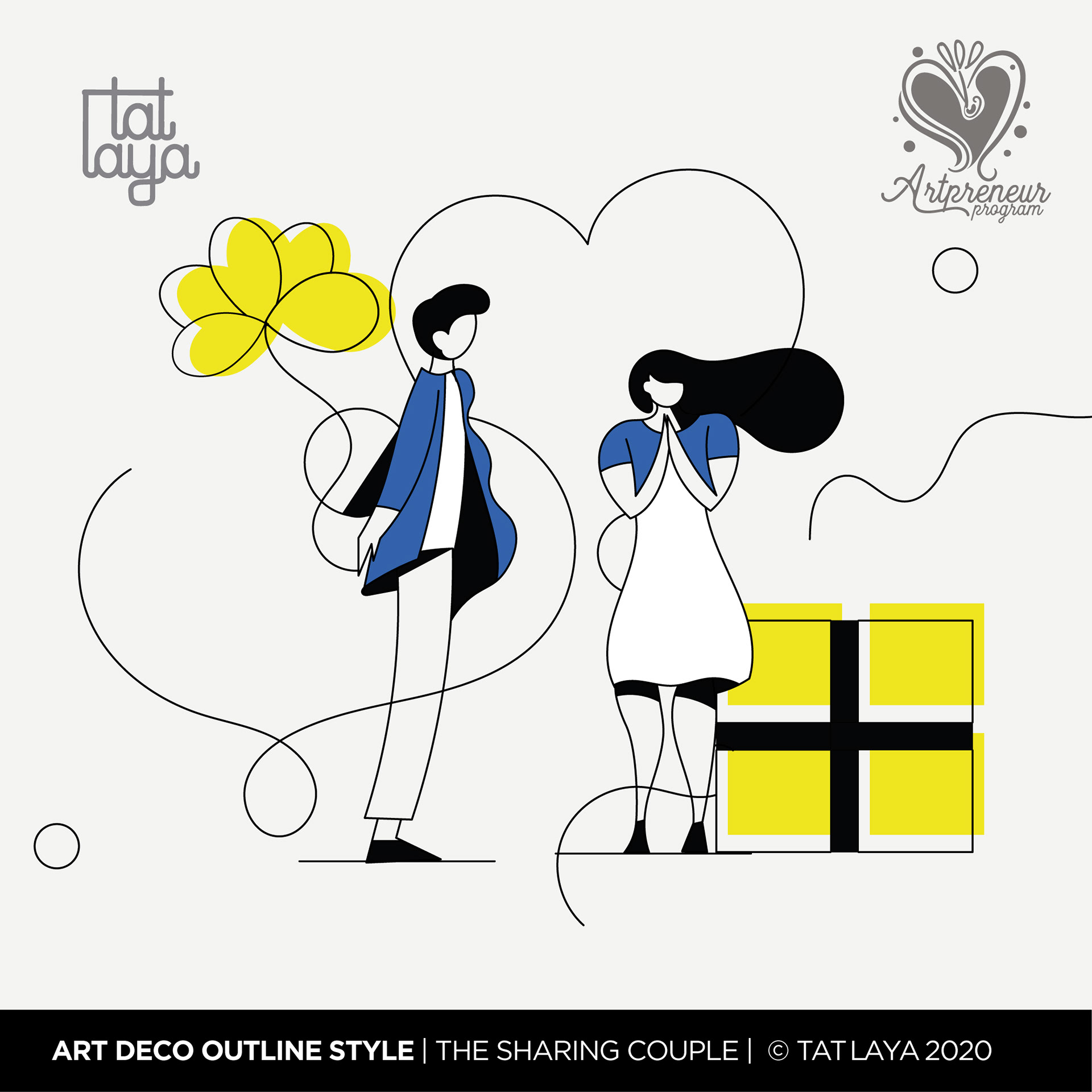 12 types of contemporary couple in Art Deco outline style: #8 The sharing couple