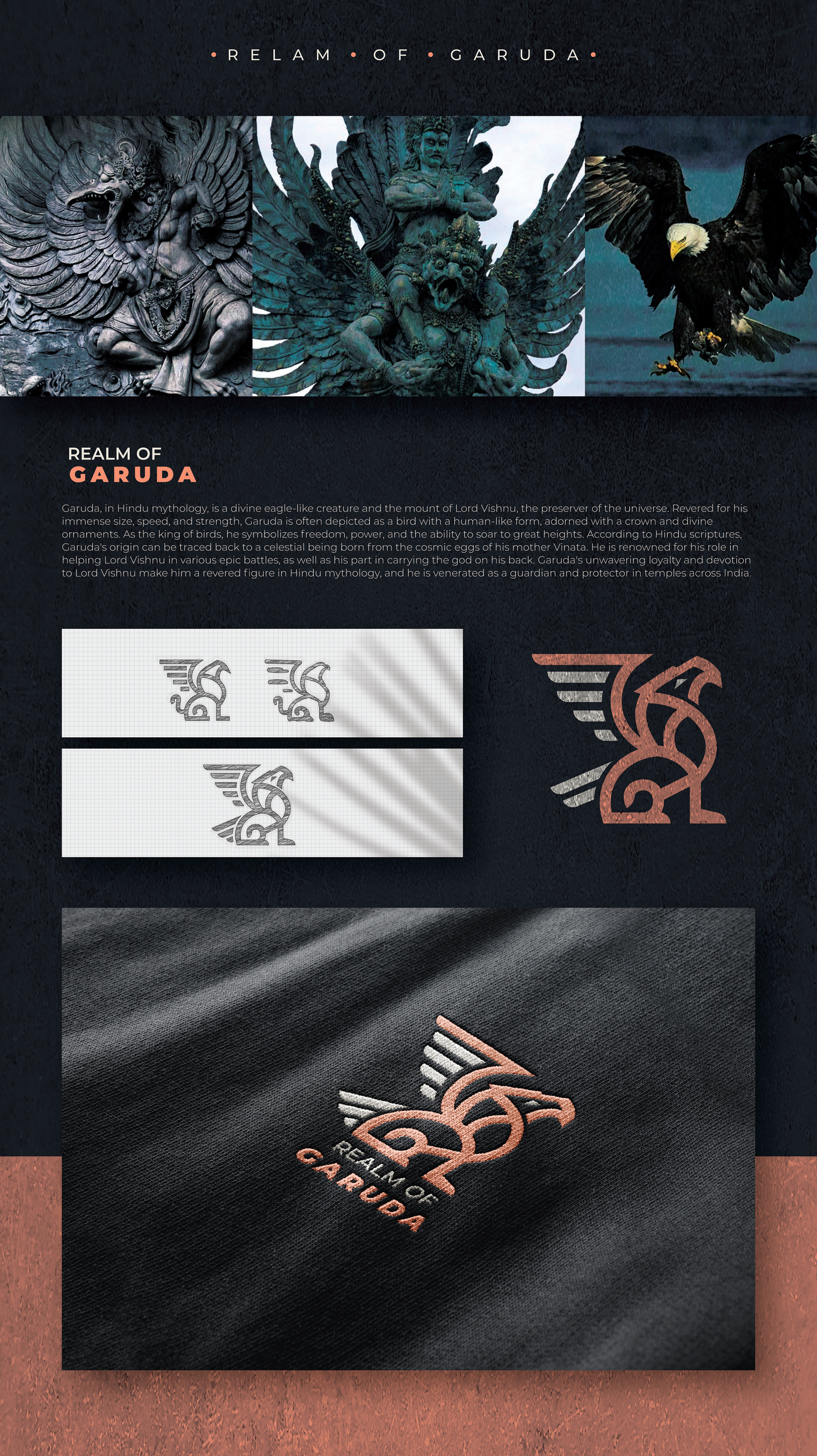 Artpreneur program sub-brand logo set inspired by Indian mythical creatures: realm of Garuda: eagle references, sketches and the final line logo on fabric