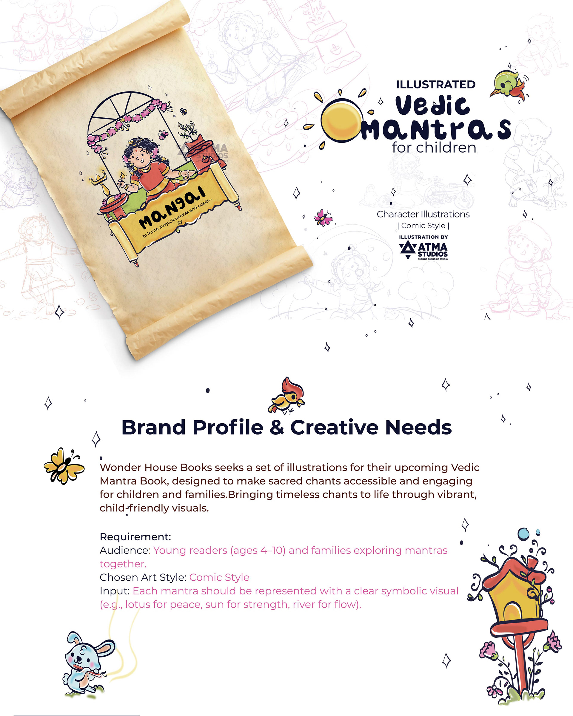 Illustrated Vedic mantras for children book: scroll cover and brand profile slide, illustration by Atma Studios