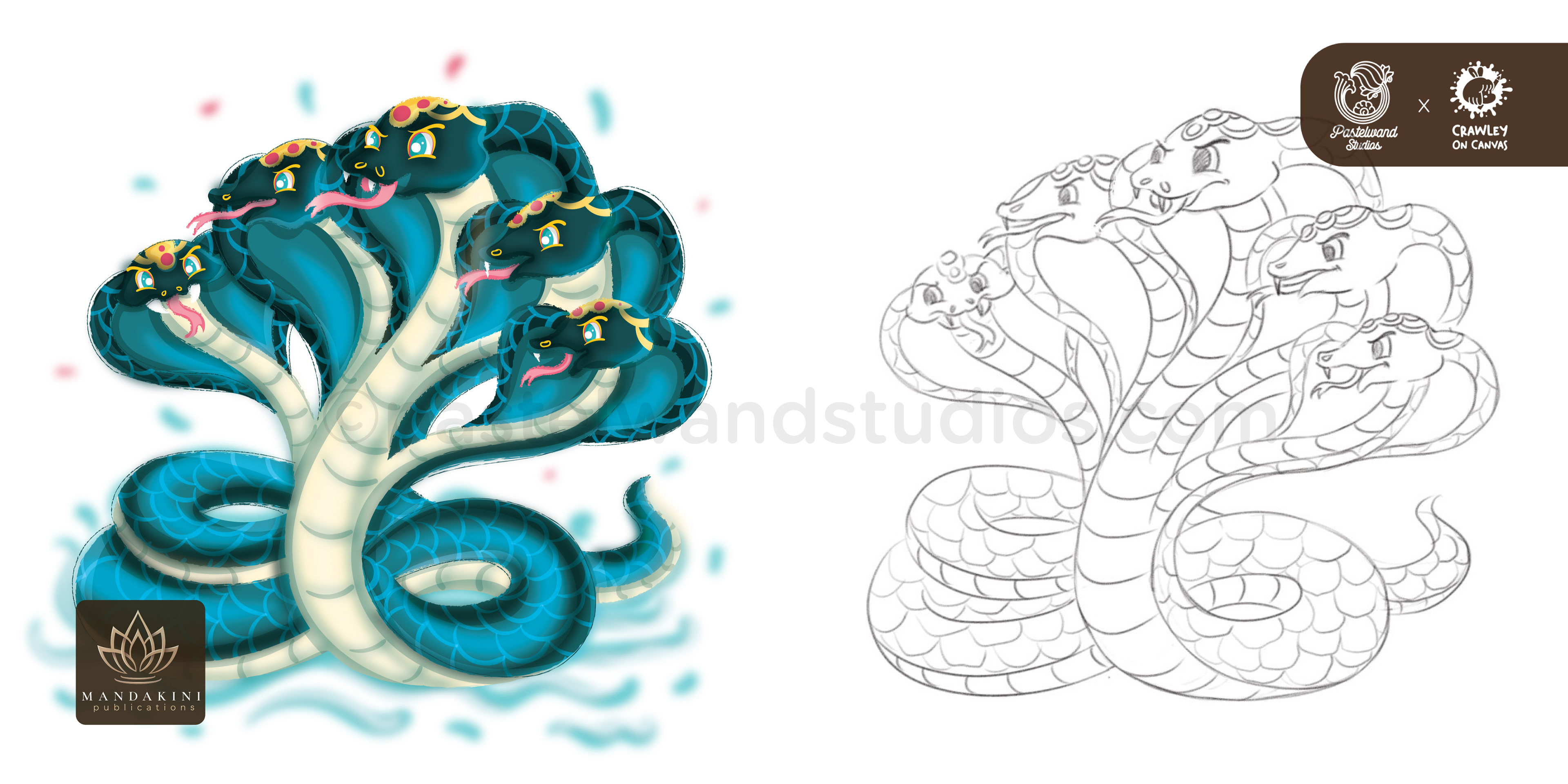 Krishna's Magical ABC children's book: colour and sketch of the many-headed serpent