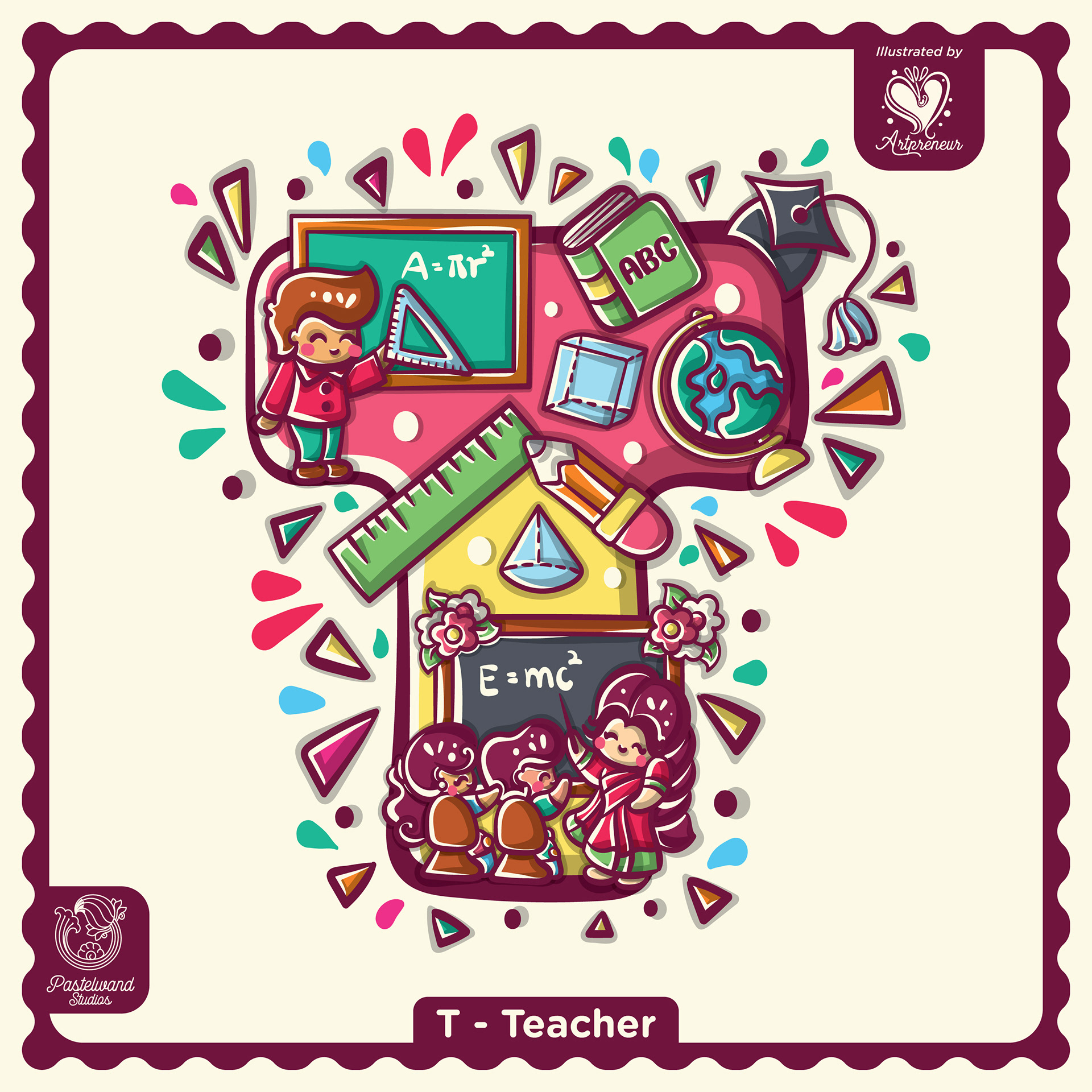 My Little Career ABC children's book: T for Teacher, an illustrated letter filled with tools and tiny characters
